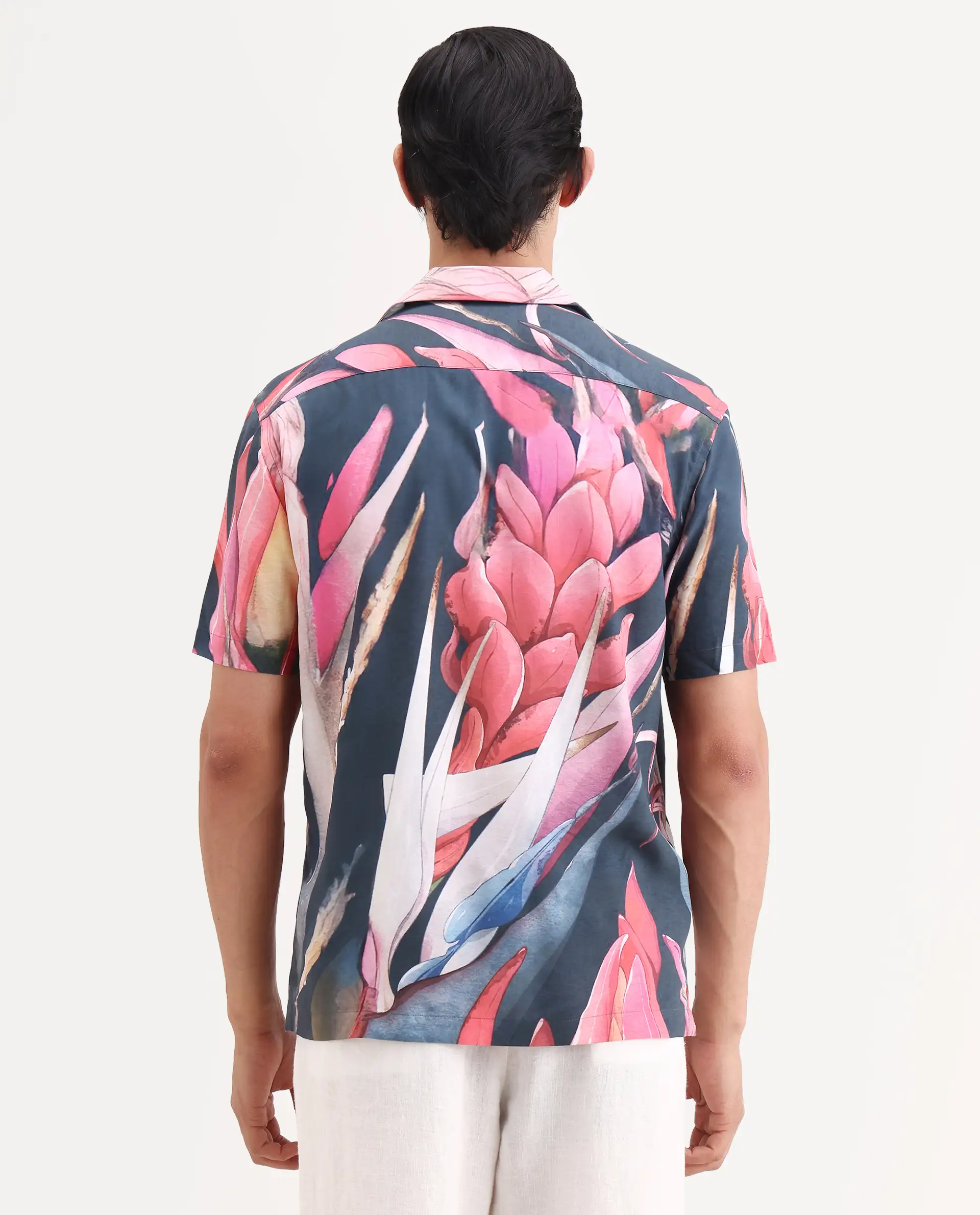 Rare Rabbit Men's Lory Dark Navy Viscose Fabric Half Sleeve Cuban Collar Regular Fit Tropical Print Shirt - Image 7