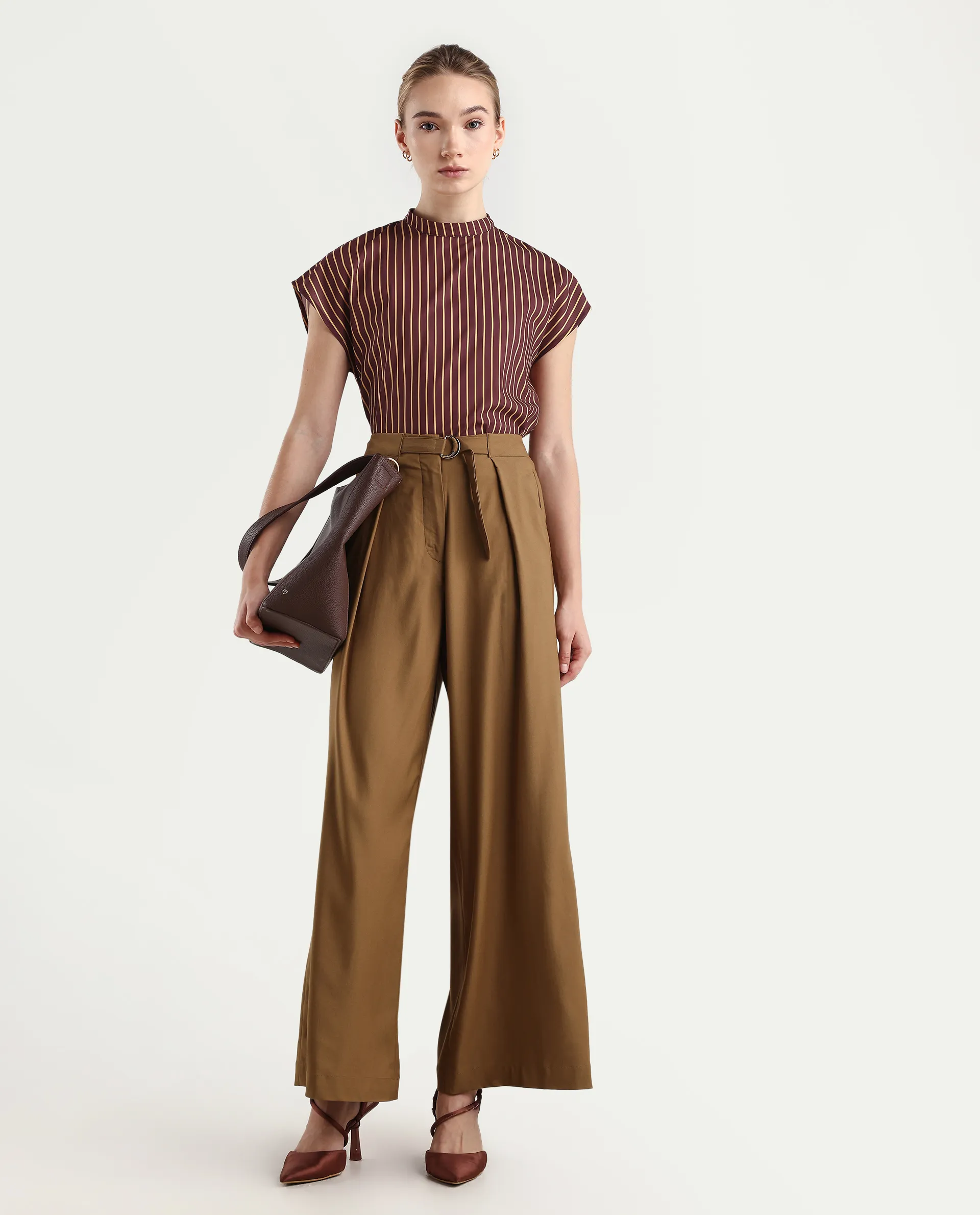 Rareism Women's Lossa Brown Polyester Blend High Neck Striped Extended Sleeves Regular Fit Top - Image 2