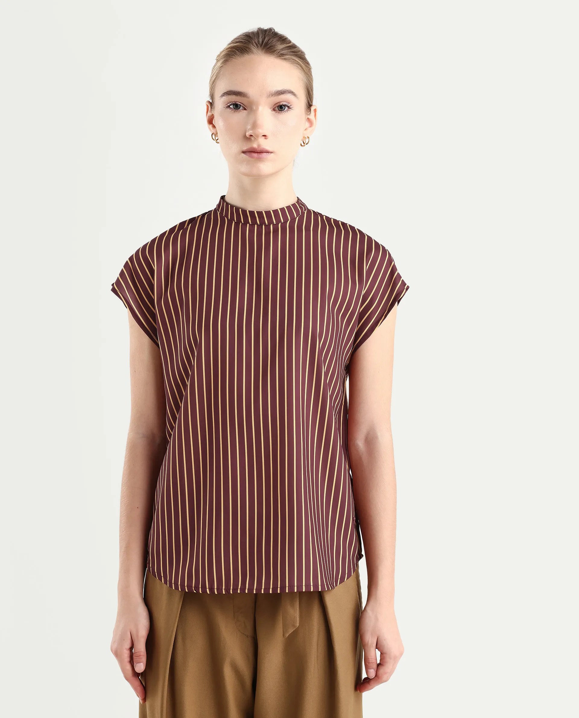 Rareism Women's Lossa Brown Polyester Blend High Neck Striped Extended Sleeves Regular Fit Top - Image 3