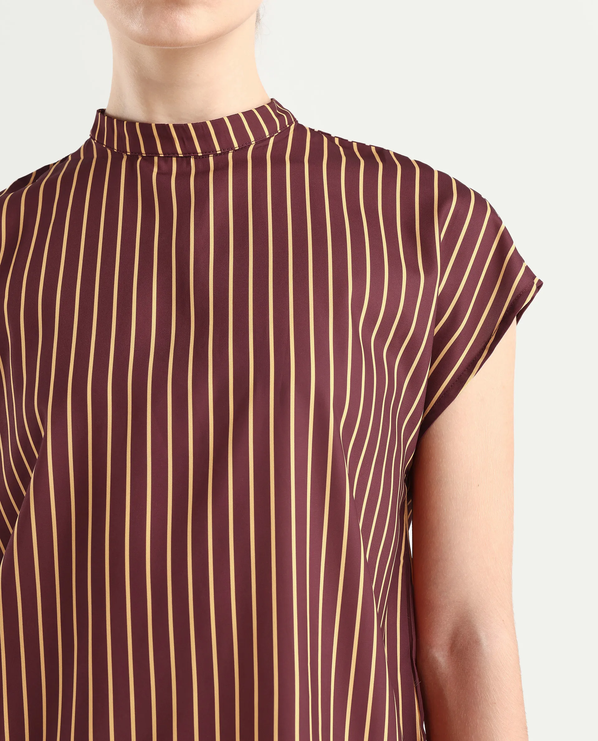 Rareism Women's Lossa Brown Polyester Blend High Neck Striped Extended Sleeves Regular Fit Top - Image 4