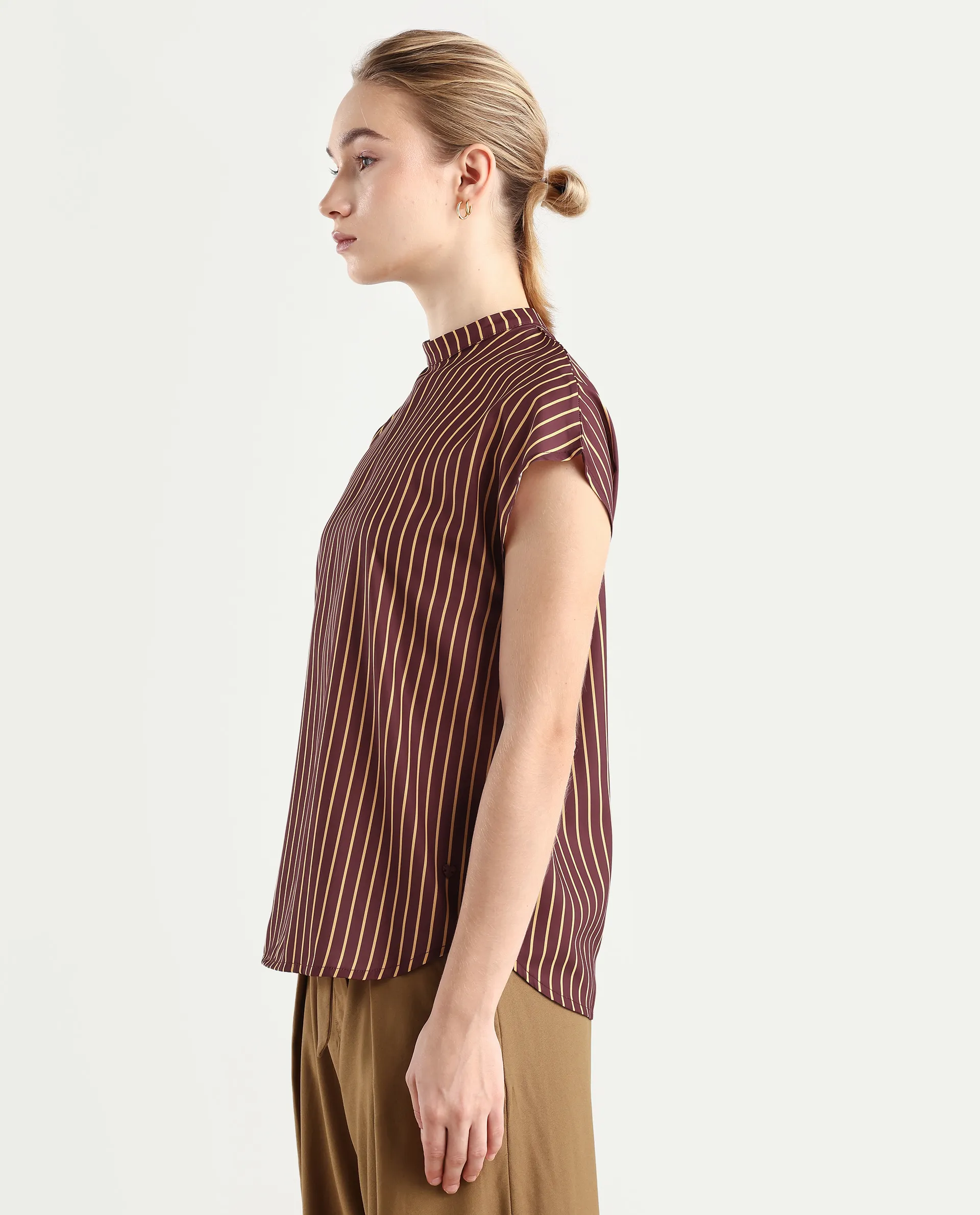 Rareism Women's Lossa Brown Polyester Blend High Neck Striped Extended Sleeves Regular Fit Top - Image 5