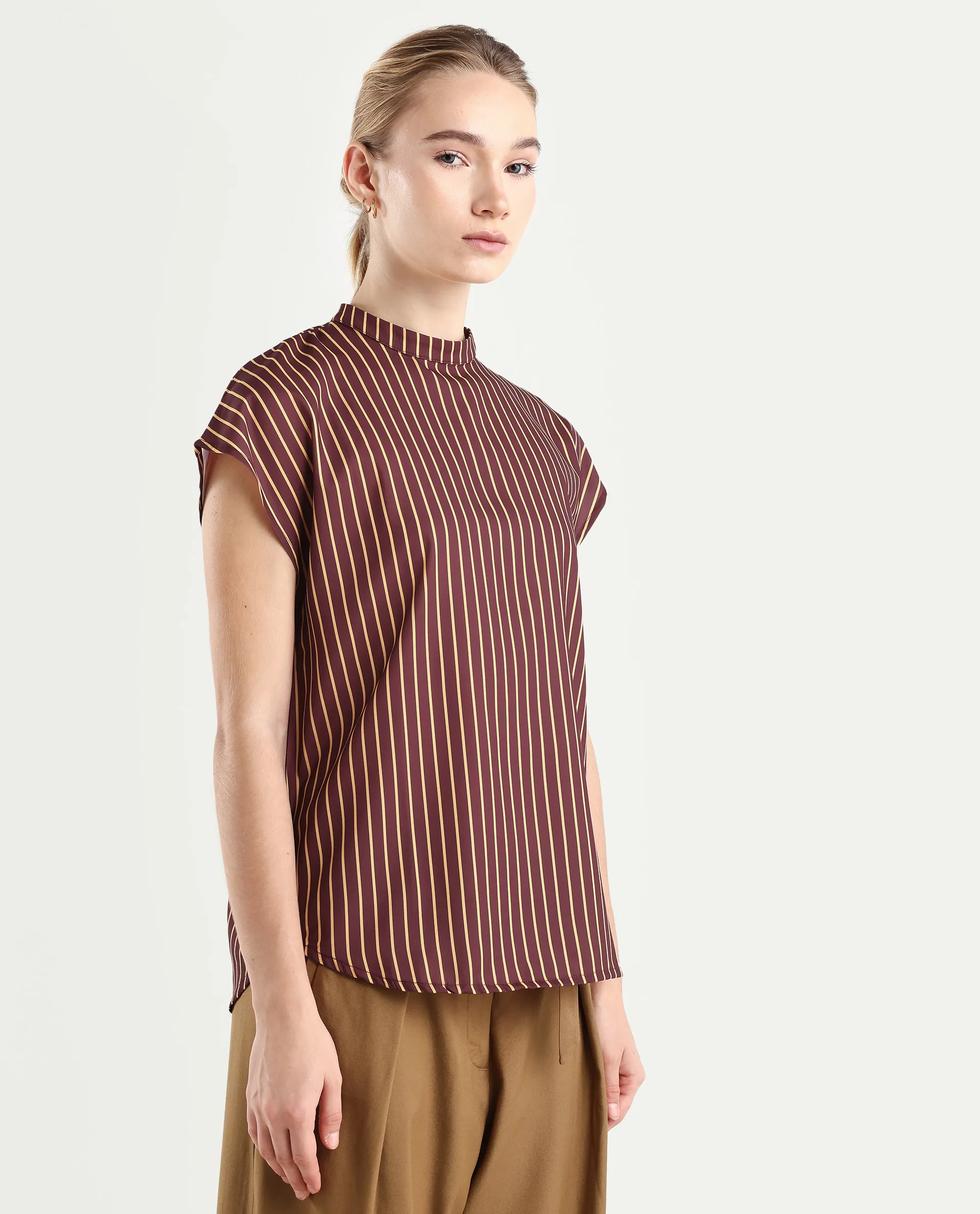 Rareism Women's Lossa Brown Polyester Blend High Neck Striped Extended Sleeves Regular Fit Top - Image 6