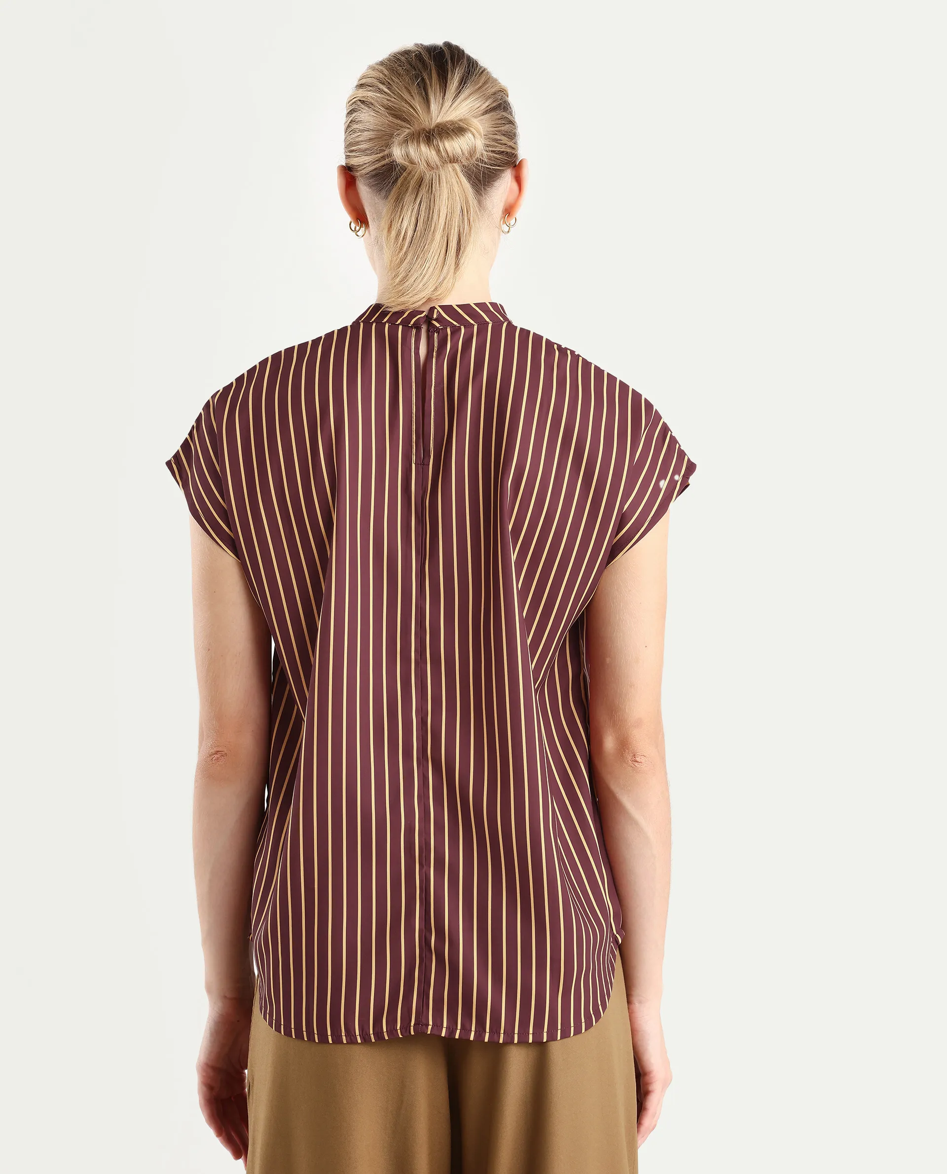 Rareism Women's Lossa Brown Polyester Blend High Neck Striped Extended Sleeves Regular Fit Top - Image 7