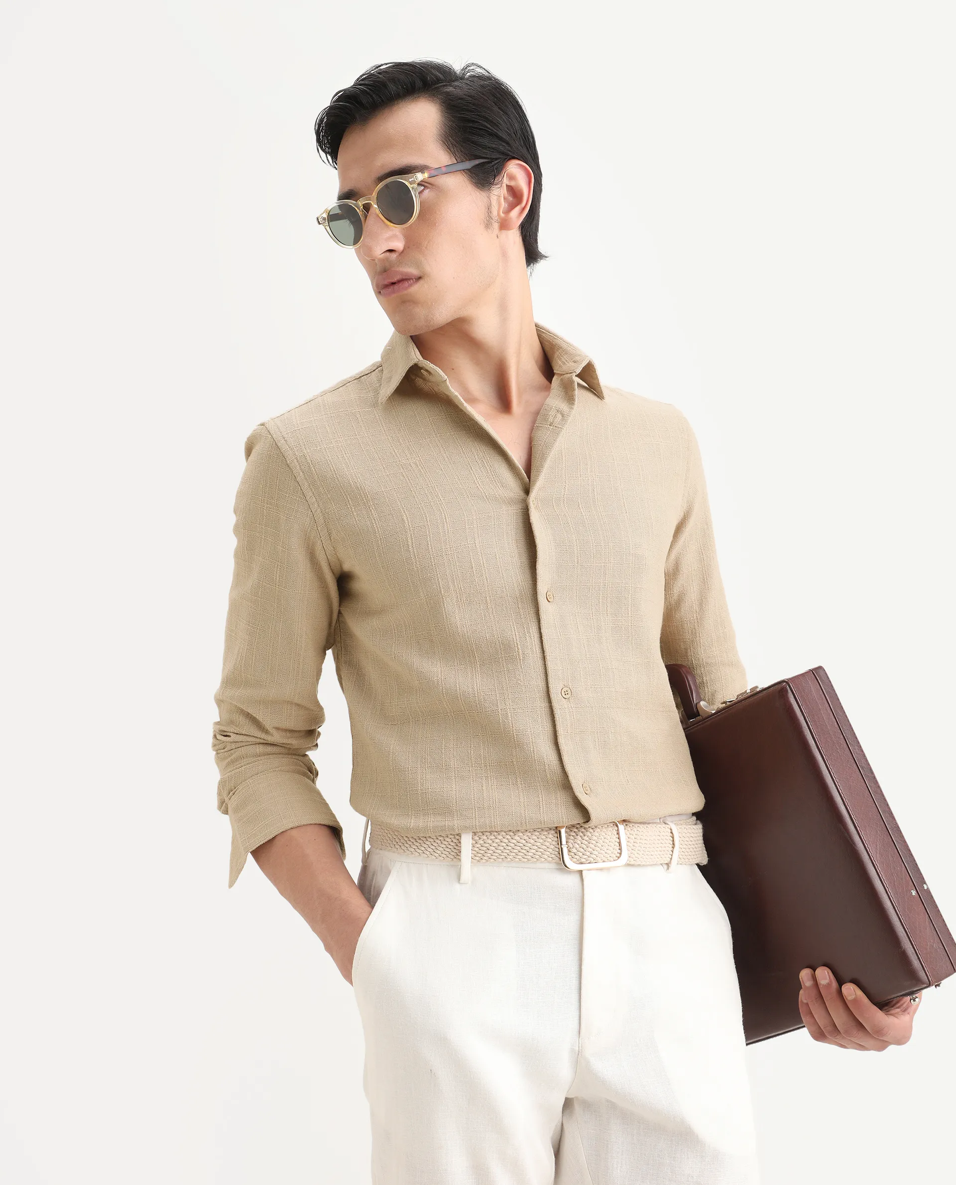 Rare Rabbit Men's Loten Khaki Cotton Fabric Half Sleeve Spread Collar Regular Fit Textured Shirt