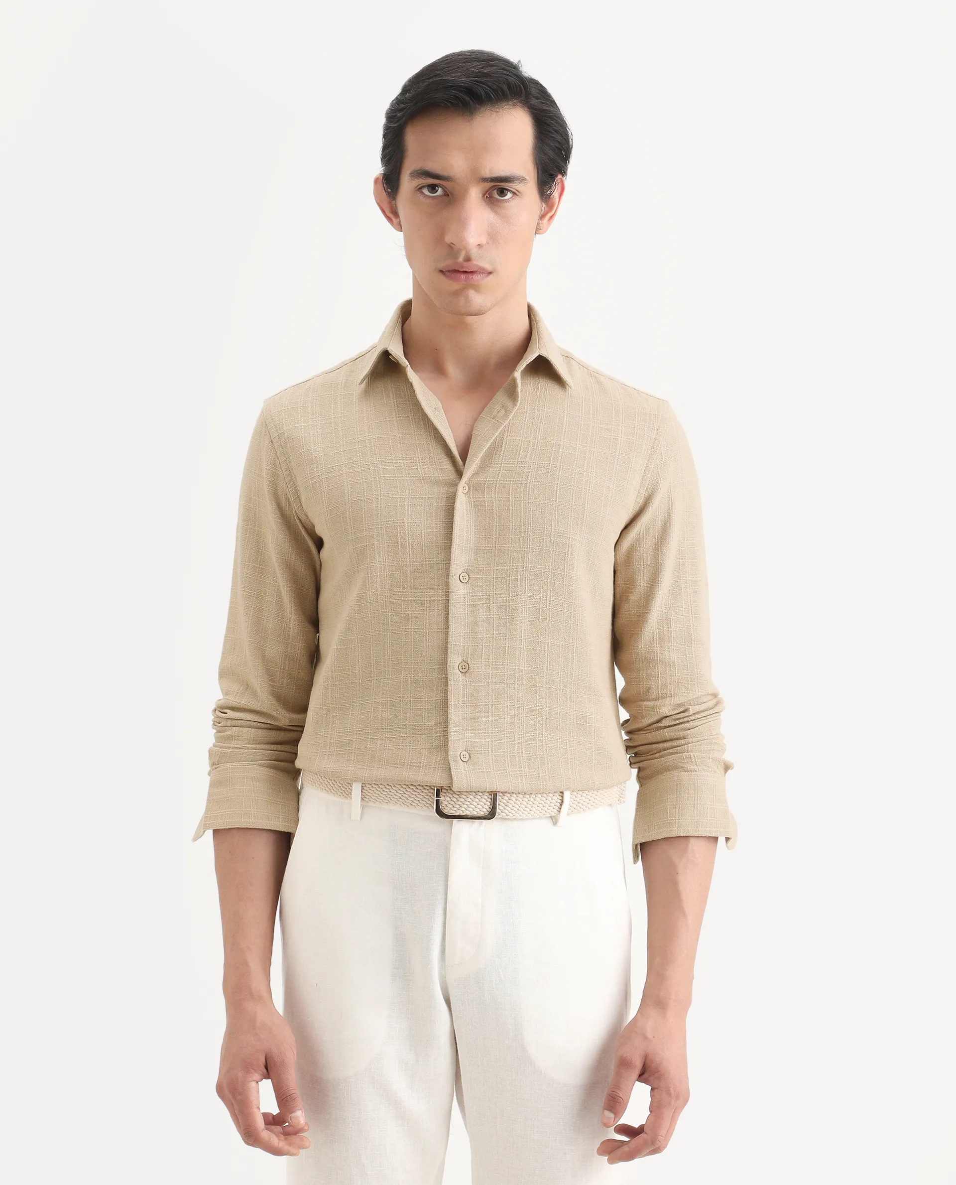 Rare Rabbit Men's Loten Khaki Cotton Fabric Half Sleeve Spread Collar Regular Fit Textured Shirt - Image 3