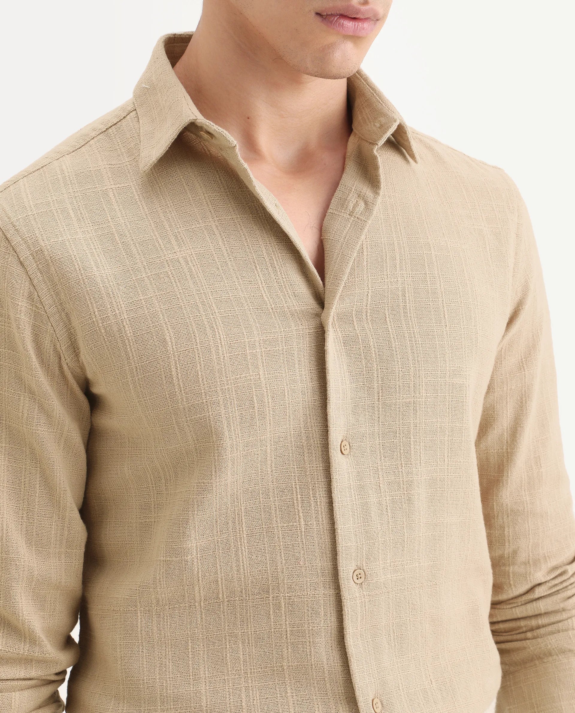 Rare Rabbit Men's Loten Khaki Cotton Fabric Half Sleeve Spread Collar Regular Fit Textured Shirt - Image 4