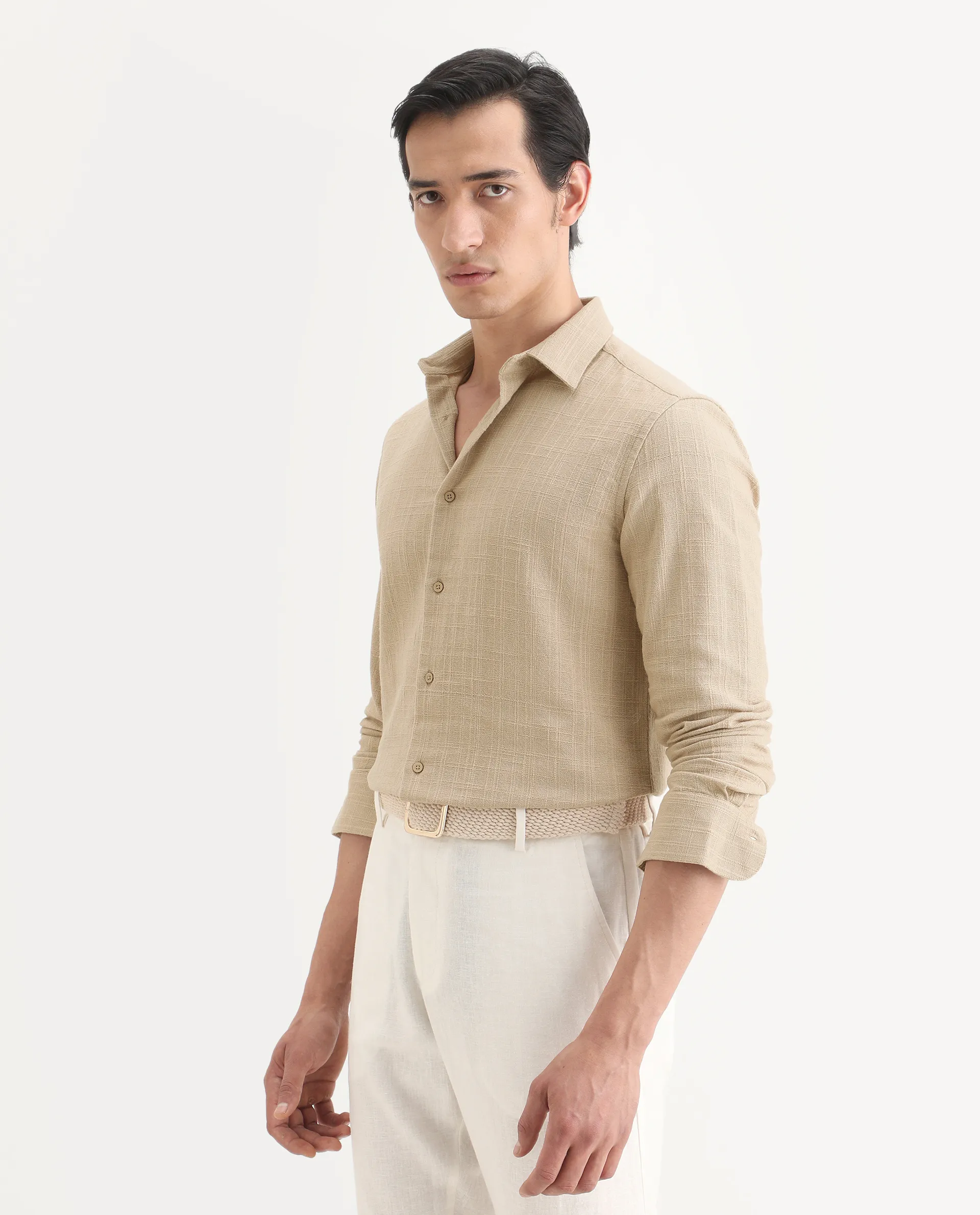 Rare Rabbit Men's Loten Khaki Cotton Fabric Half Sleeve Spread Collar Regular Fit Textured Shirt - Image 5