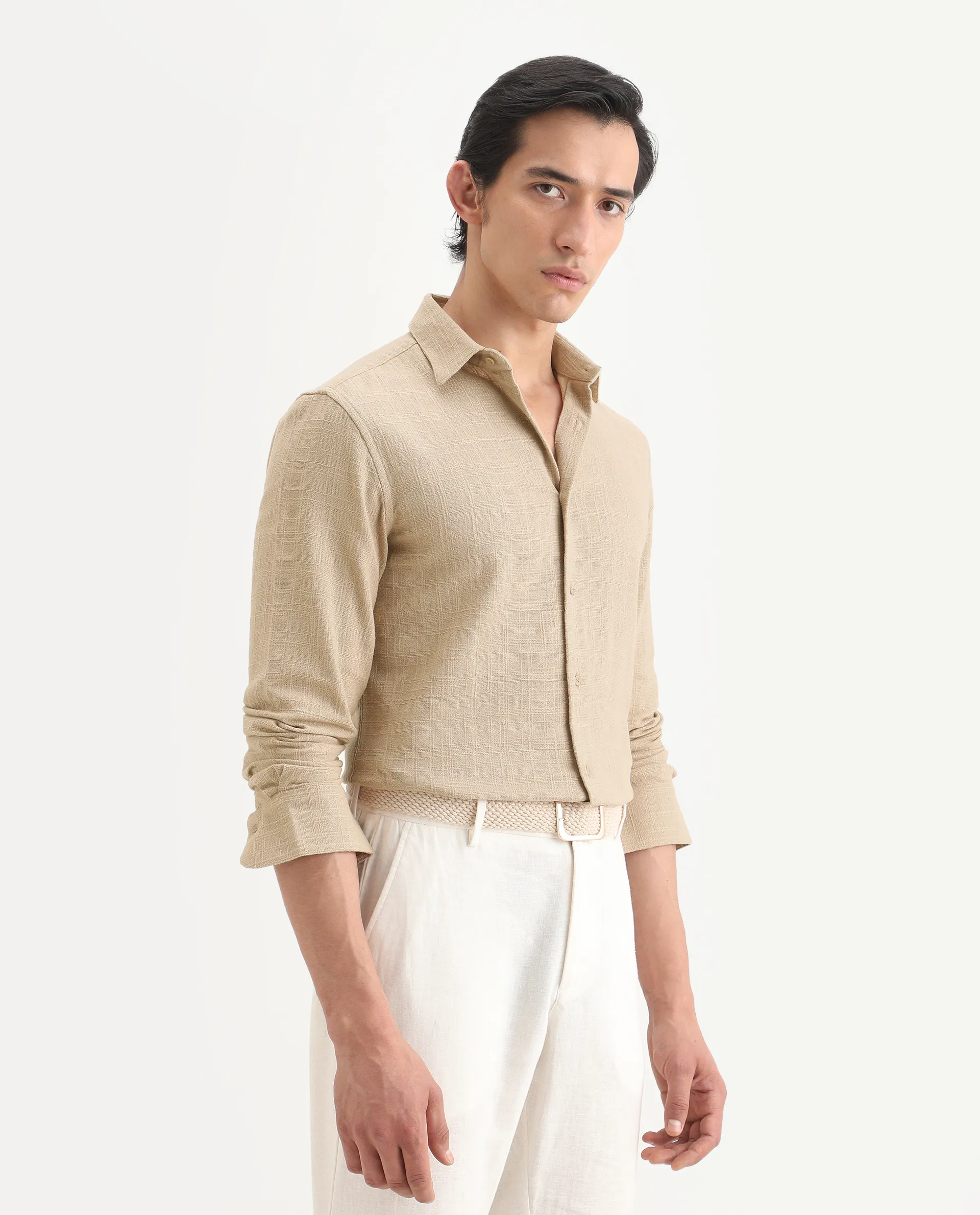 Rare Rabbit Men's Loten Khaki Cotton Fabric Half Sleeve Spread Collar Regular Fit Textured Shirt - Image 6