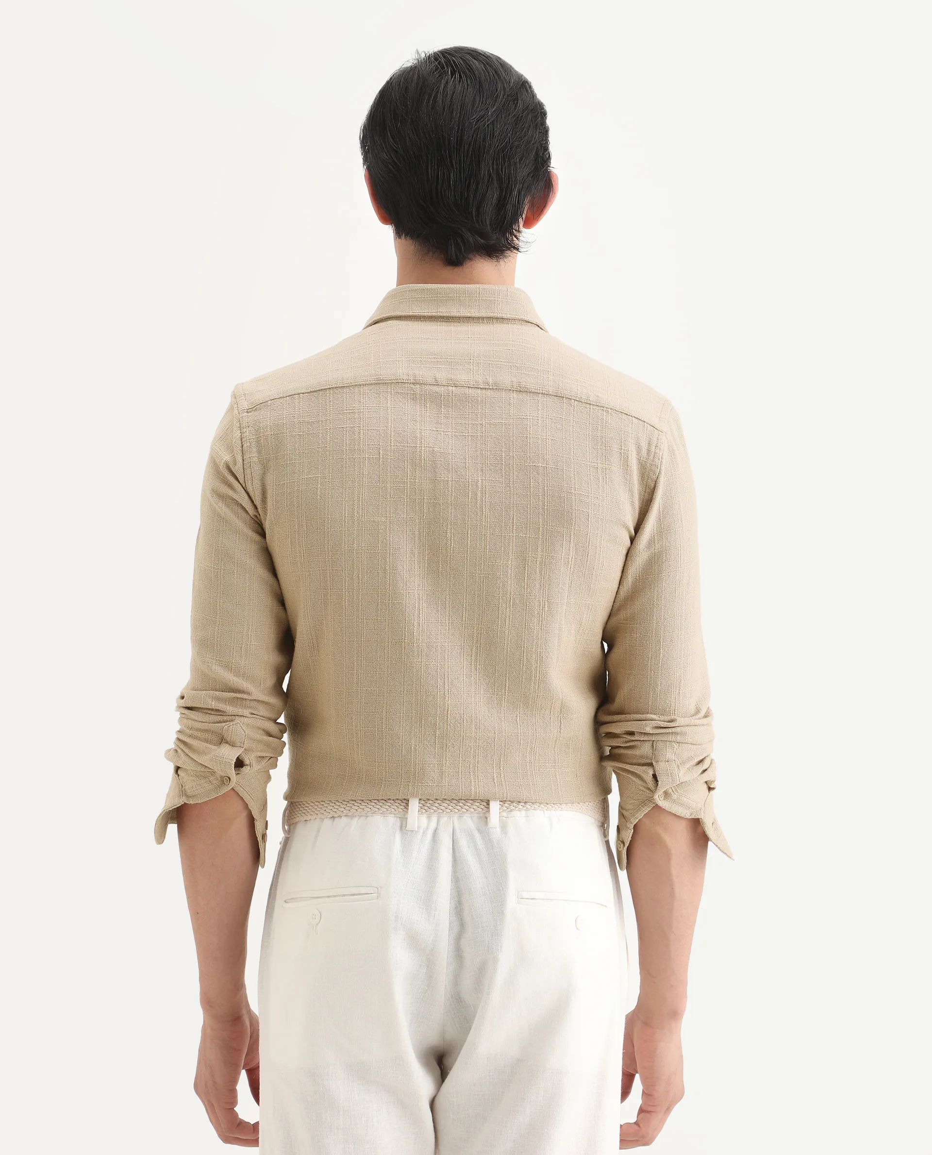 Rare Rabbit Men's Loten Khaki Cotton Fabric Half Sleeve Spread Collar Regular Fit Textured Shirt - Image 7