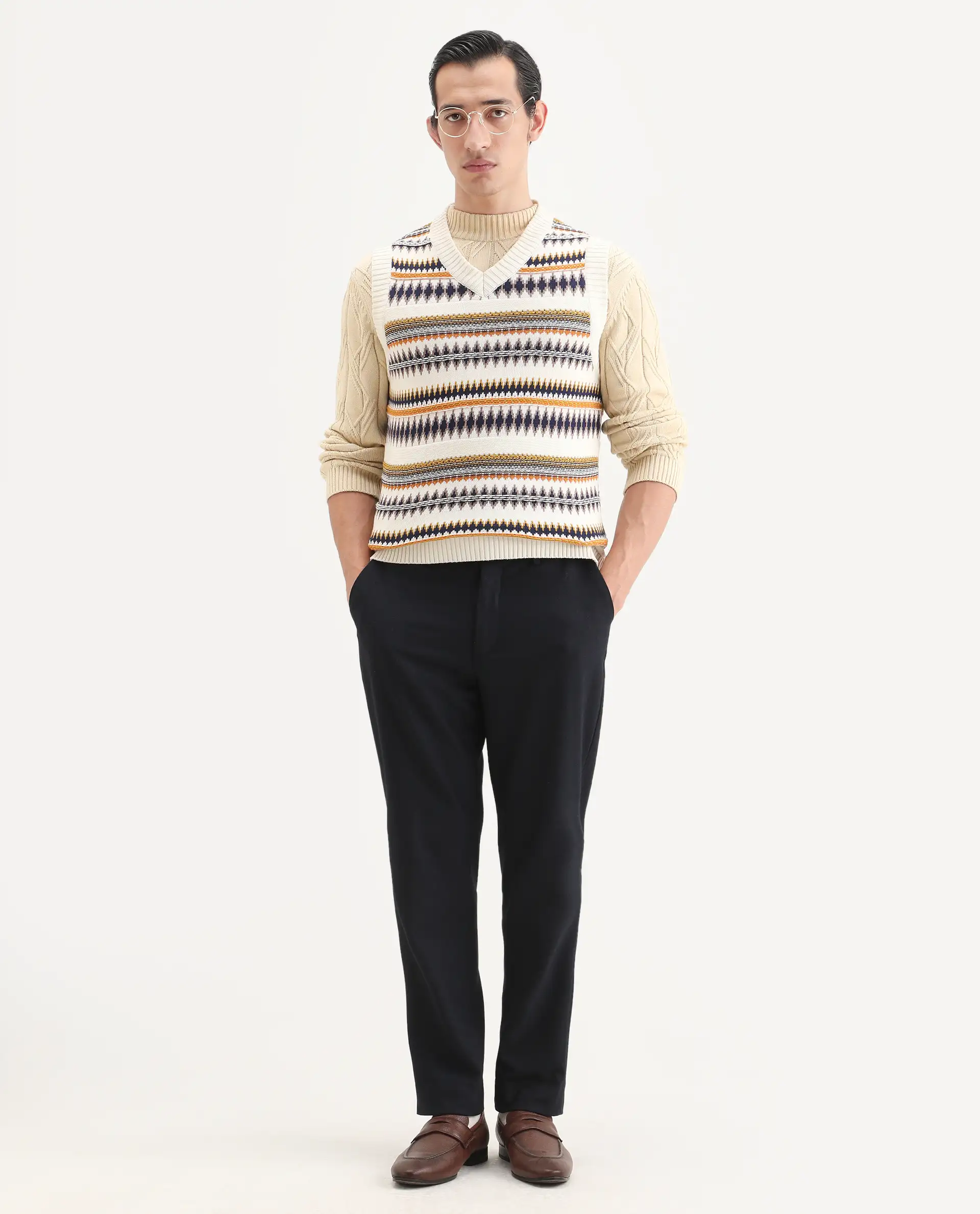Rare Rabbit Men's Loto Off White Cotton Fabric Full Sleeve Crew Neck Ombre Sweater - Image 2