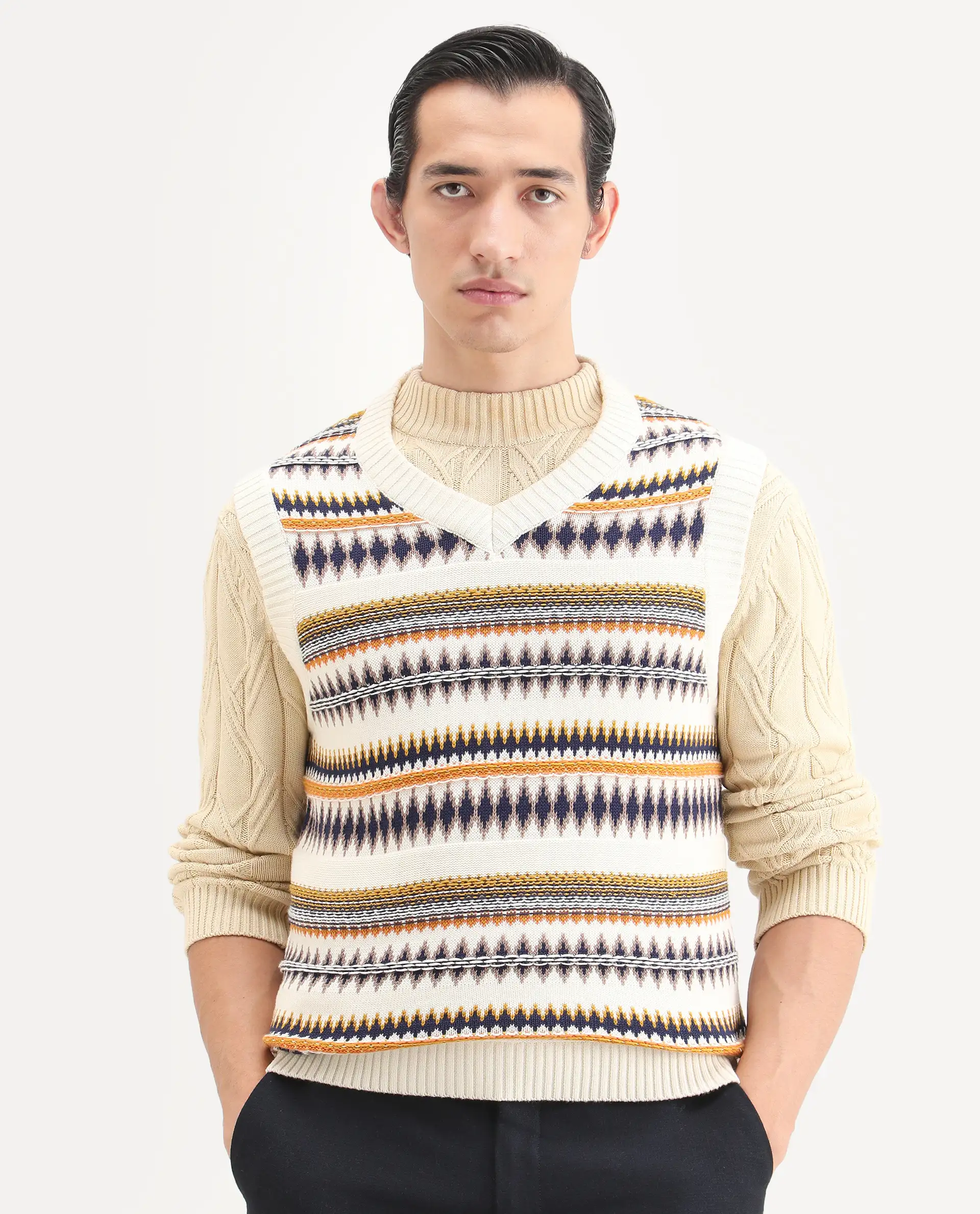 Rare Rabbit Men's Loto Off White Cotton Fabric Full Sleeve Crew Neck Ombre Sweater - Image 4