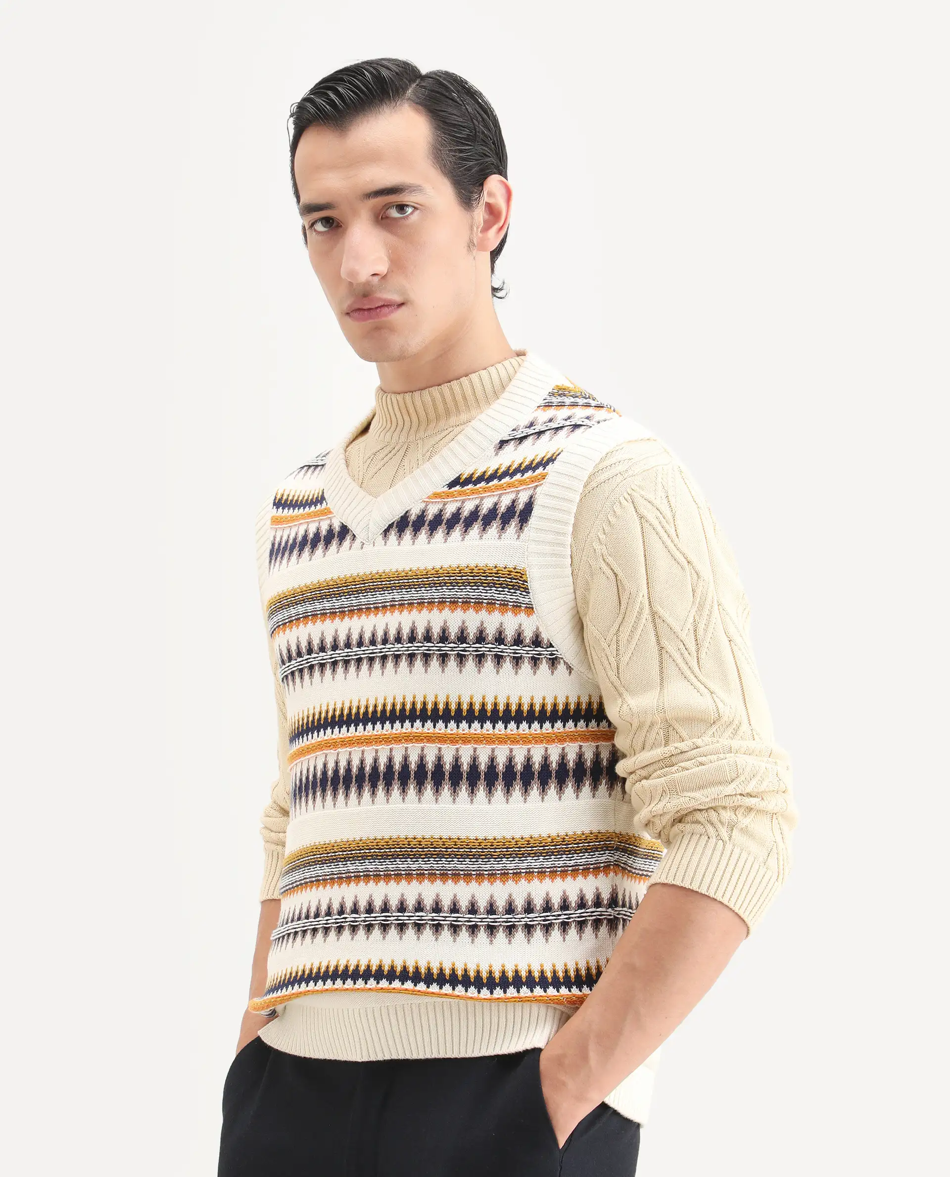 Rare Rabbit Men's Loto Off White Cotton Fabric Full Sleeve Crew Neck Ombre Sweater - Image 5