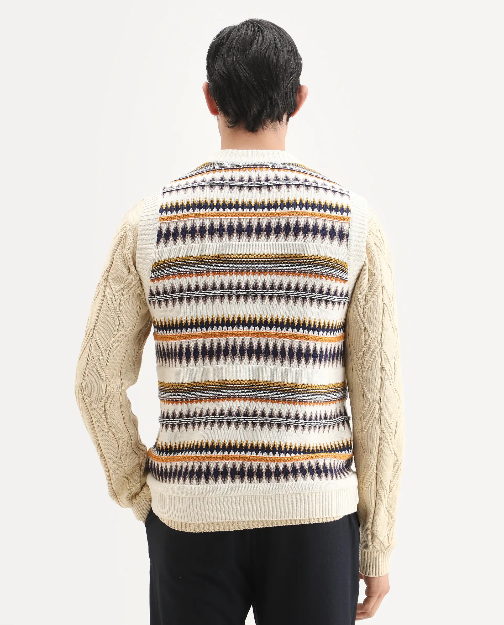 Rare Rabbit Men's Loto Off White Cotton Fabric Full Sleeve Crew Neck Ombre Sweater - Image 7