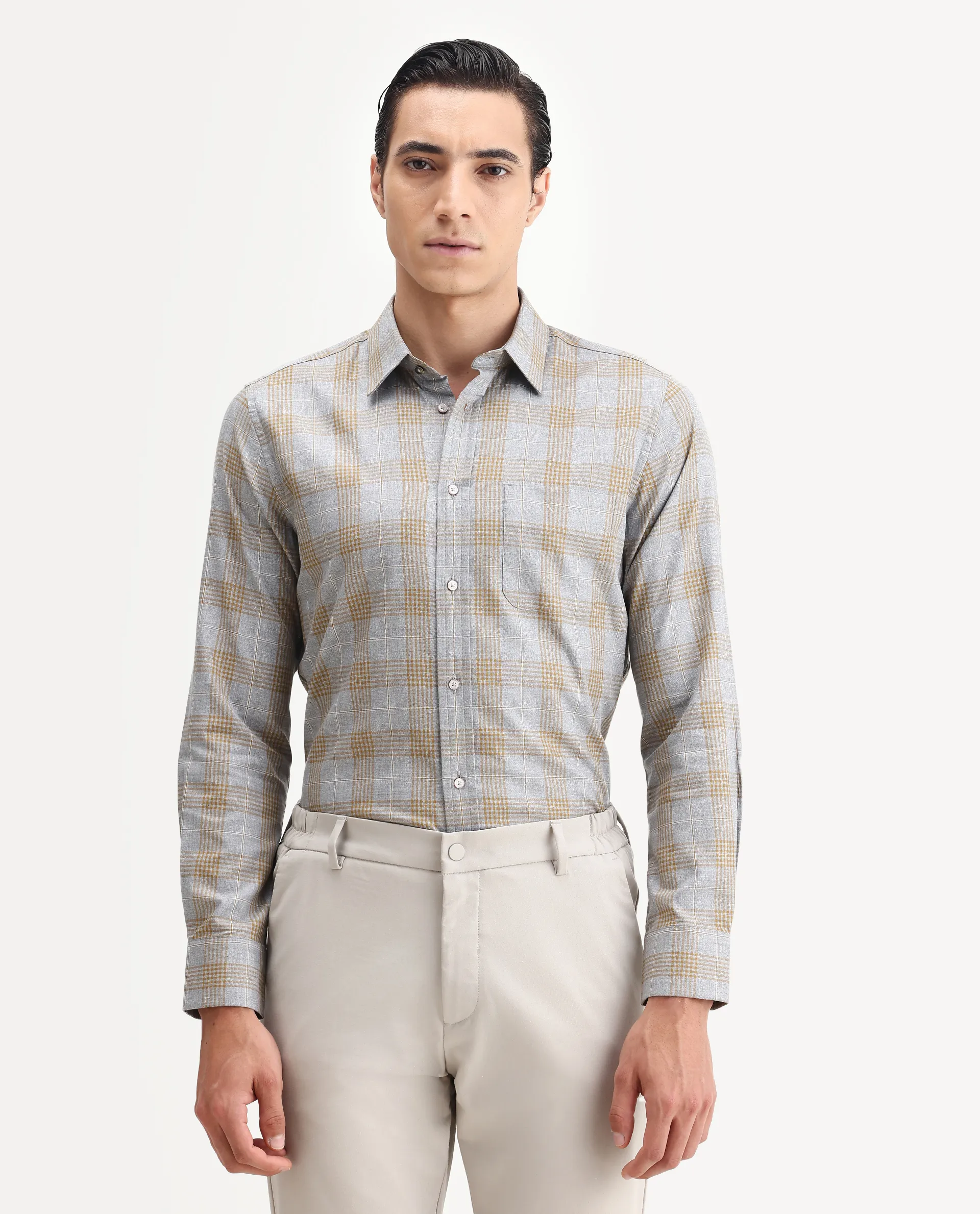Rare Rabbit Men's Lou Grey Cotton Checked Print Regular Fit Full Sleeve Collared Shirt - Image 4