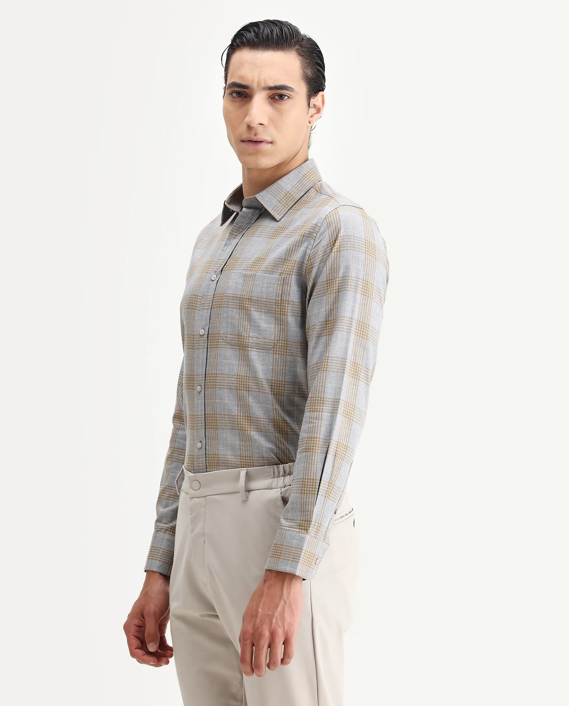 Rare Rabbit Men's Lou Grey Cotton Checked Print Regular Fit Full Sleeve Collared Shirt - Image 5