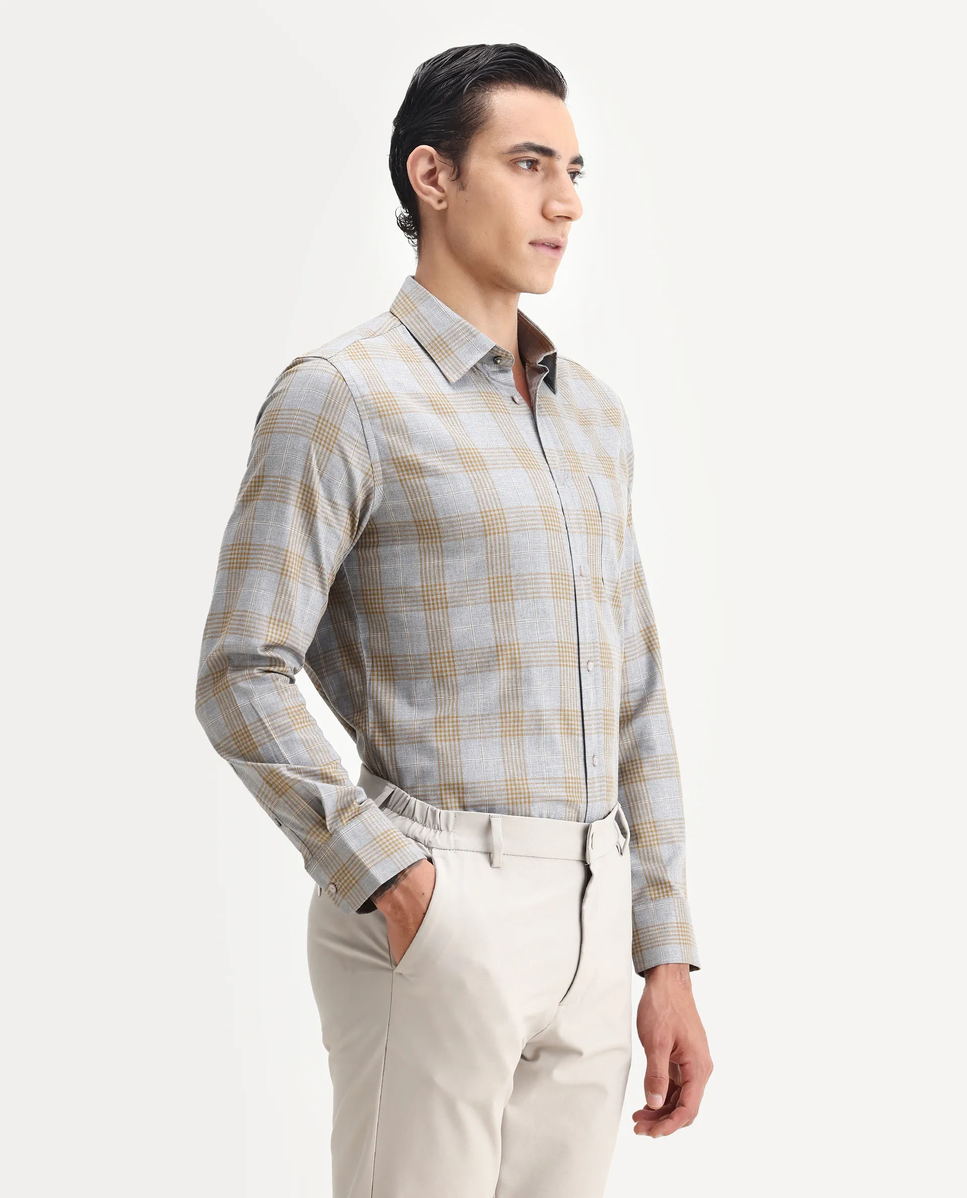 Rare Rabbit Men's Lou Grey Cotton Checked Print Regular Fit Full Sleeve Collared Shirt - Image 6