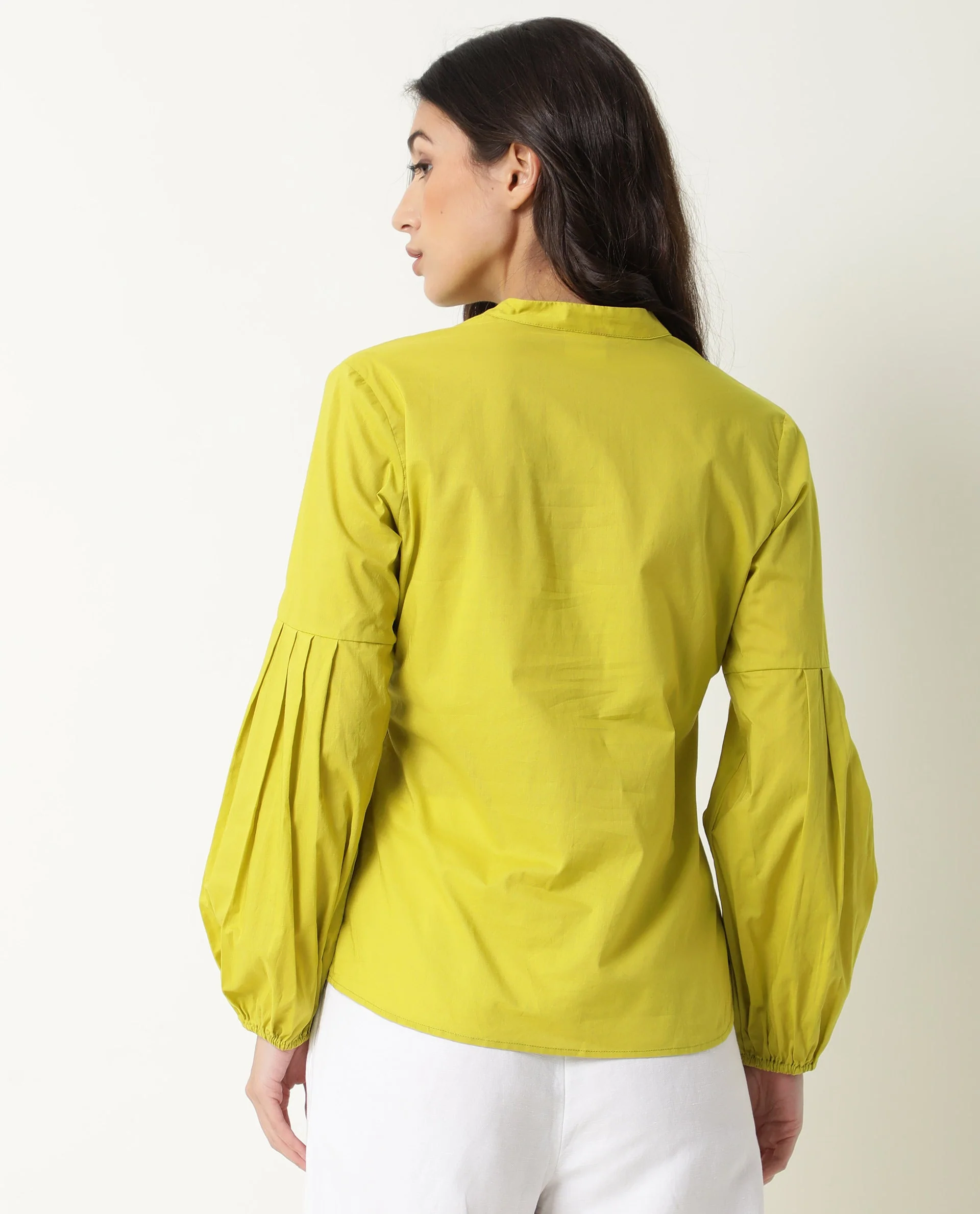 Rareism Women's Loui Green Mandarin Collar Plain Balloon Sleeve Knee Length Regular Fit Top - Image 6