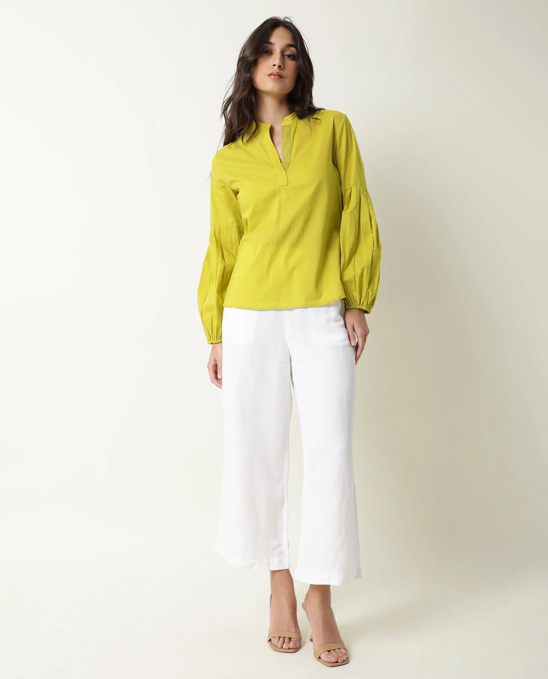 Rareism Women's Loui Green Mandarin Collar Plain Balloon Sleeve Knee Length Regular Fit Top - Image 7