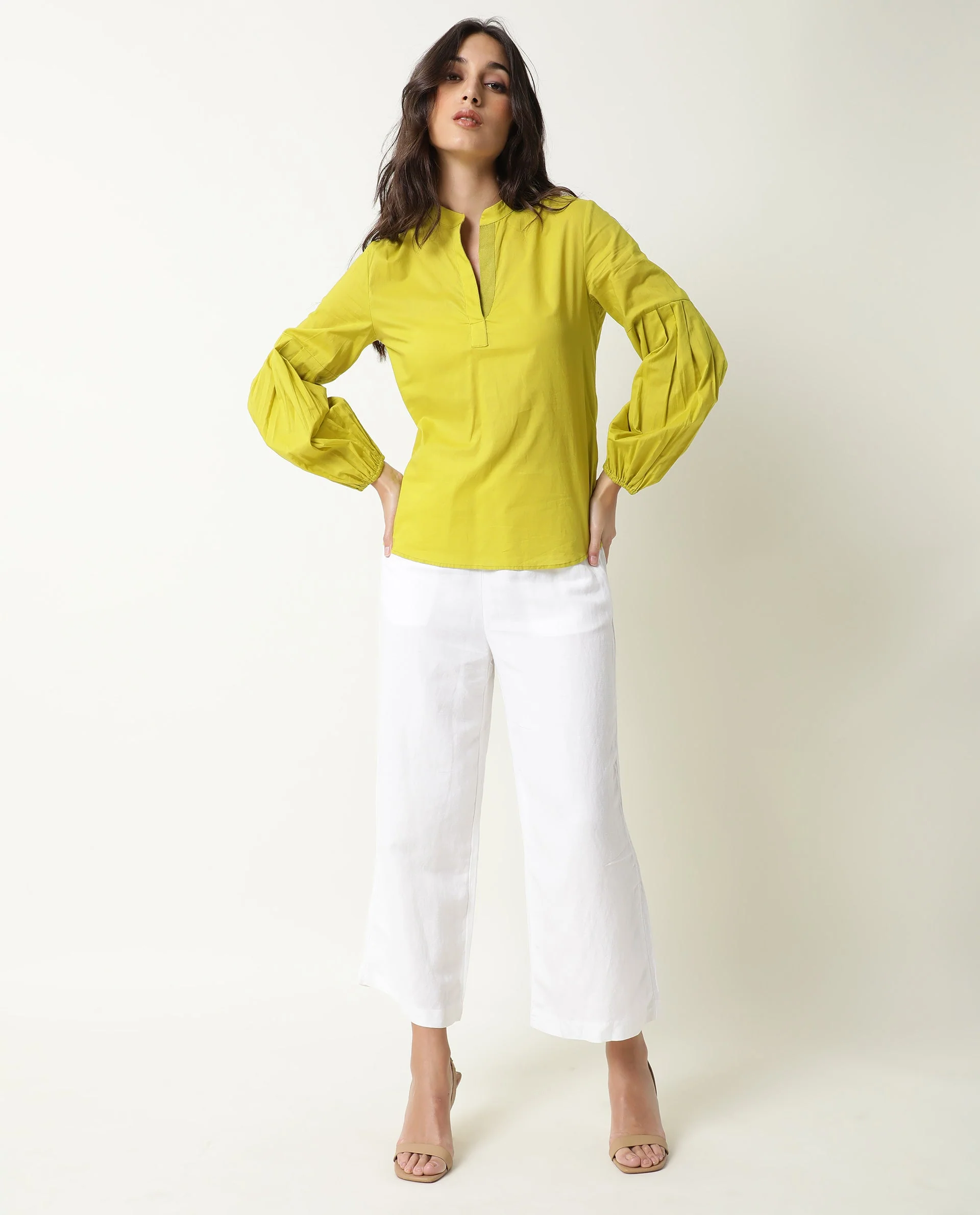 Rareism Women's Loui Green Mandarin Collar Plain Balloon Sleeve Knee Length Regular Fit Top - Image 9