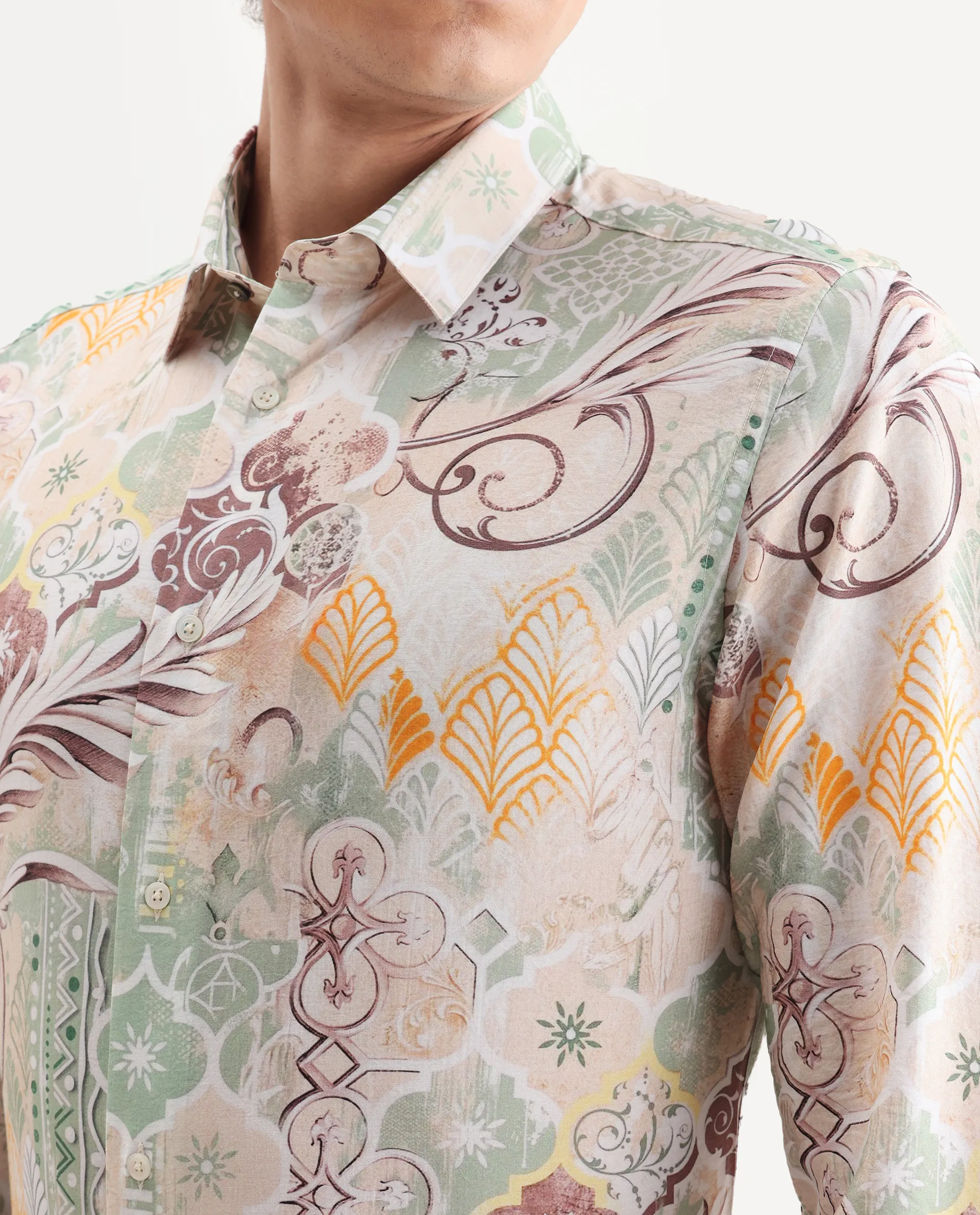 Rare Rabbit Men's Loux Beige Viscose Blend Fabric Collared Neck Regular Abstract Print Shirt - Image 3