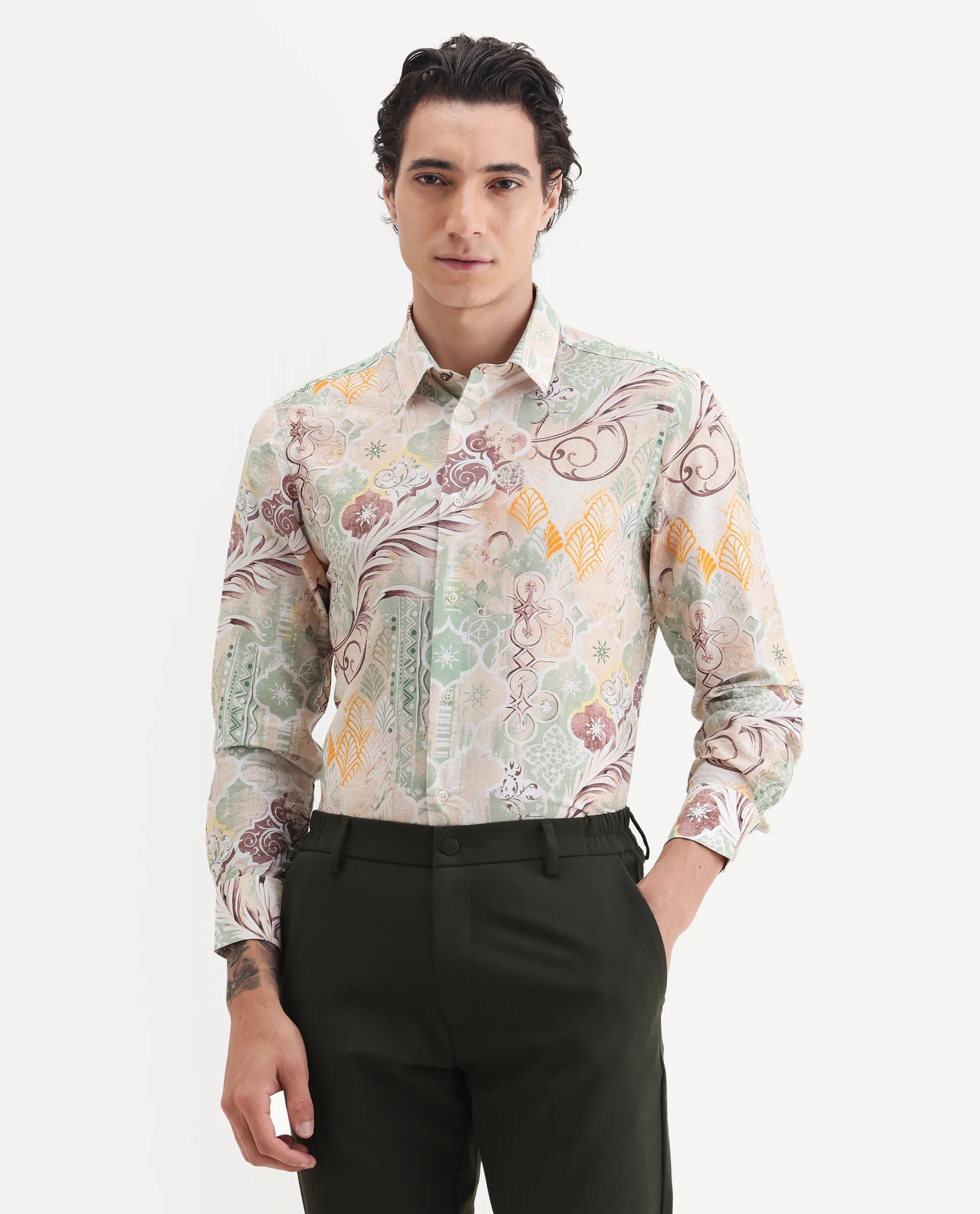 Rare Rabbit Men's Loux Beige Viscose Blend Fabric Collared Neck Regular Abstract Print Shirt - Image 4