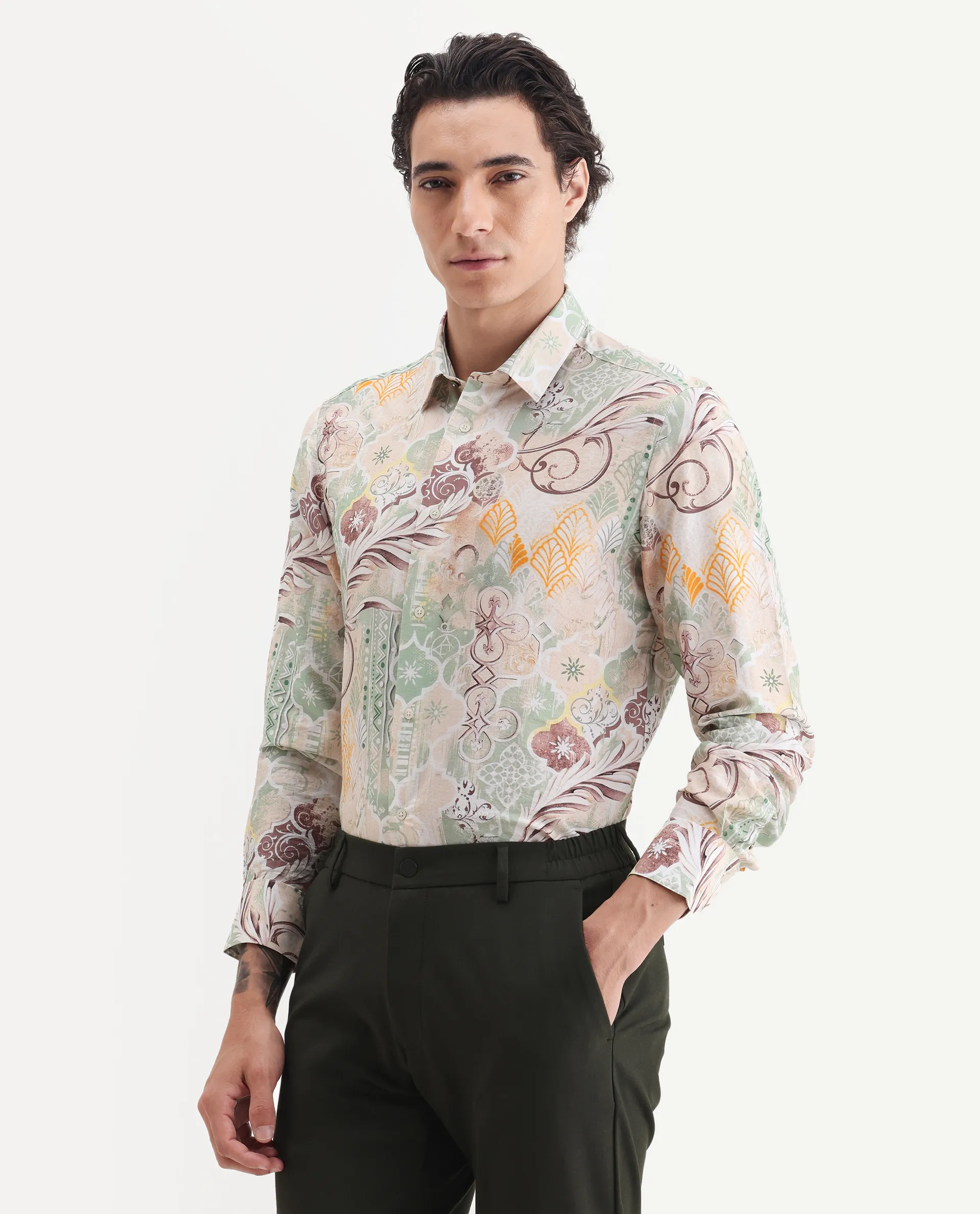 Rare Rabbit Men's Loux Beige Viscose Blend Fabric Collared Neck Regular Abstract Print Shirt - Image 5