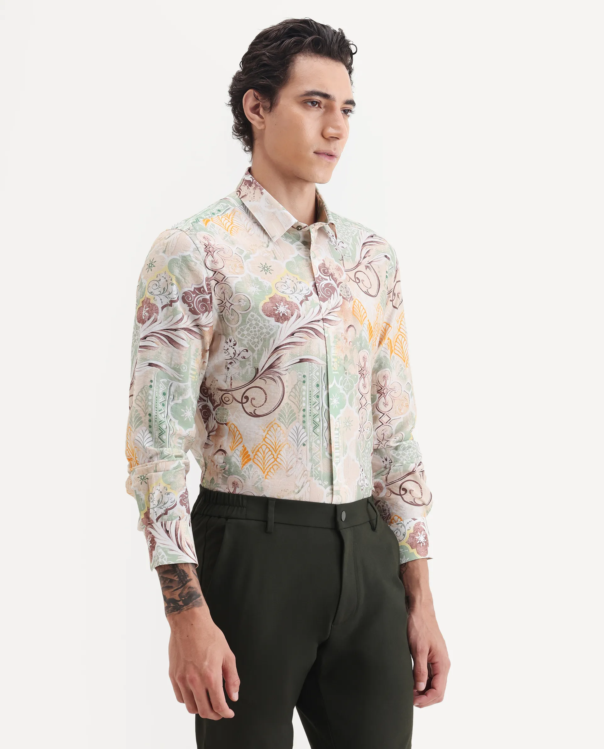 Rare Rabbit Men's Loux Beige Viscose Blend Fabric Collared Neck Regular Abstract Print Shirt - Image 6