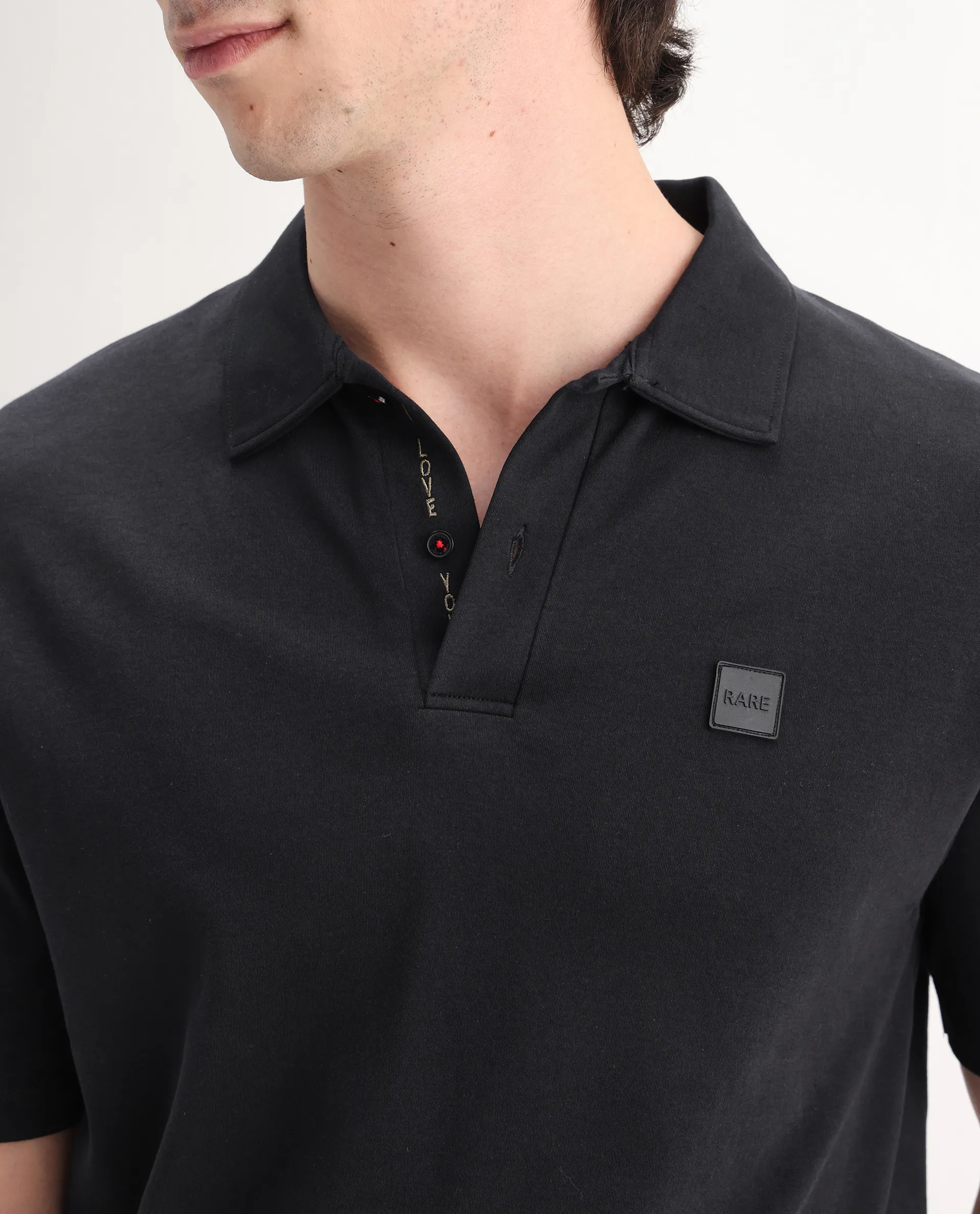 Rare Rabbit Men's Lov Black Cotton Embroidered Regular Fit Half Sleeve Polo - Image 3