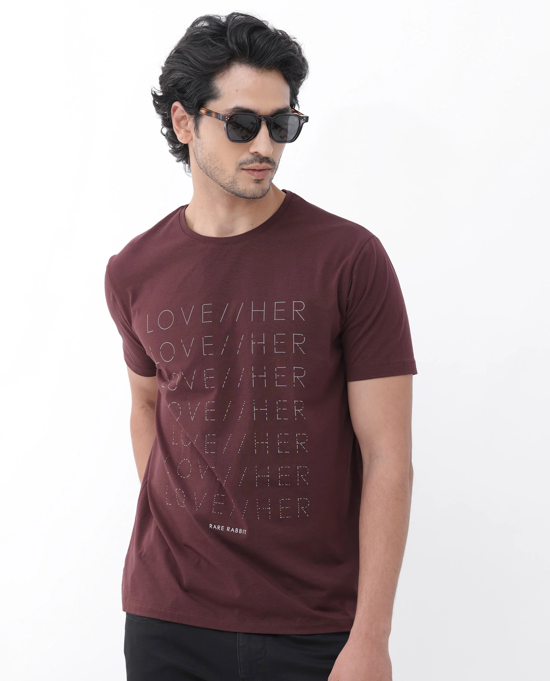 Rare Rabbit Mens Love Her Maroon Cotton Lycra Short Sleeve Skinny Fit Graphic Print T-Shirt - Image 3