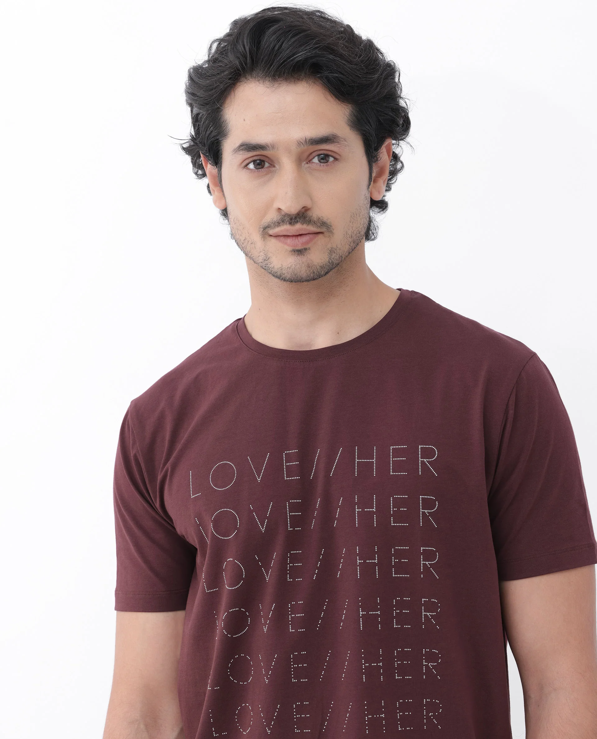 Rare Rabbit Mens Love Her Maroon Cotton Lycra Short Sleeve Skinny Fit Graphic Print T-Shirt - Image 4