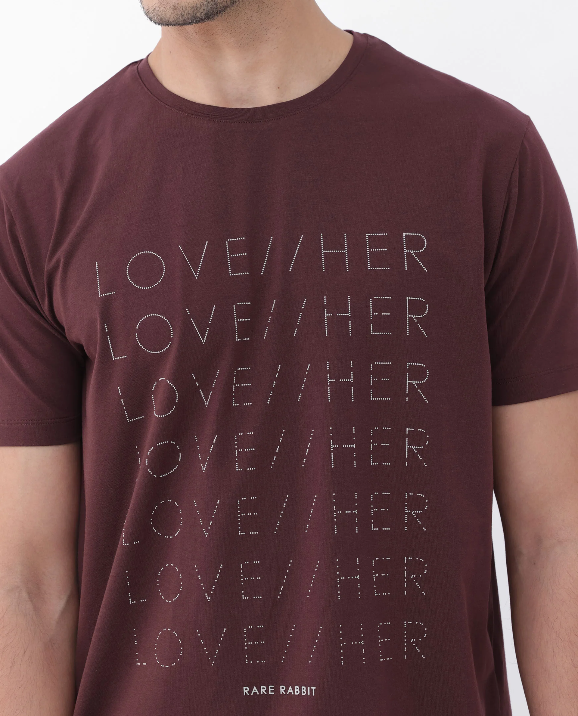 Rare Rabbit Mens Love Her Maroon Cotton Lycra Short Sleeve Skinny Fit Graphic Print T-Shirt - Image 5