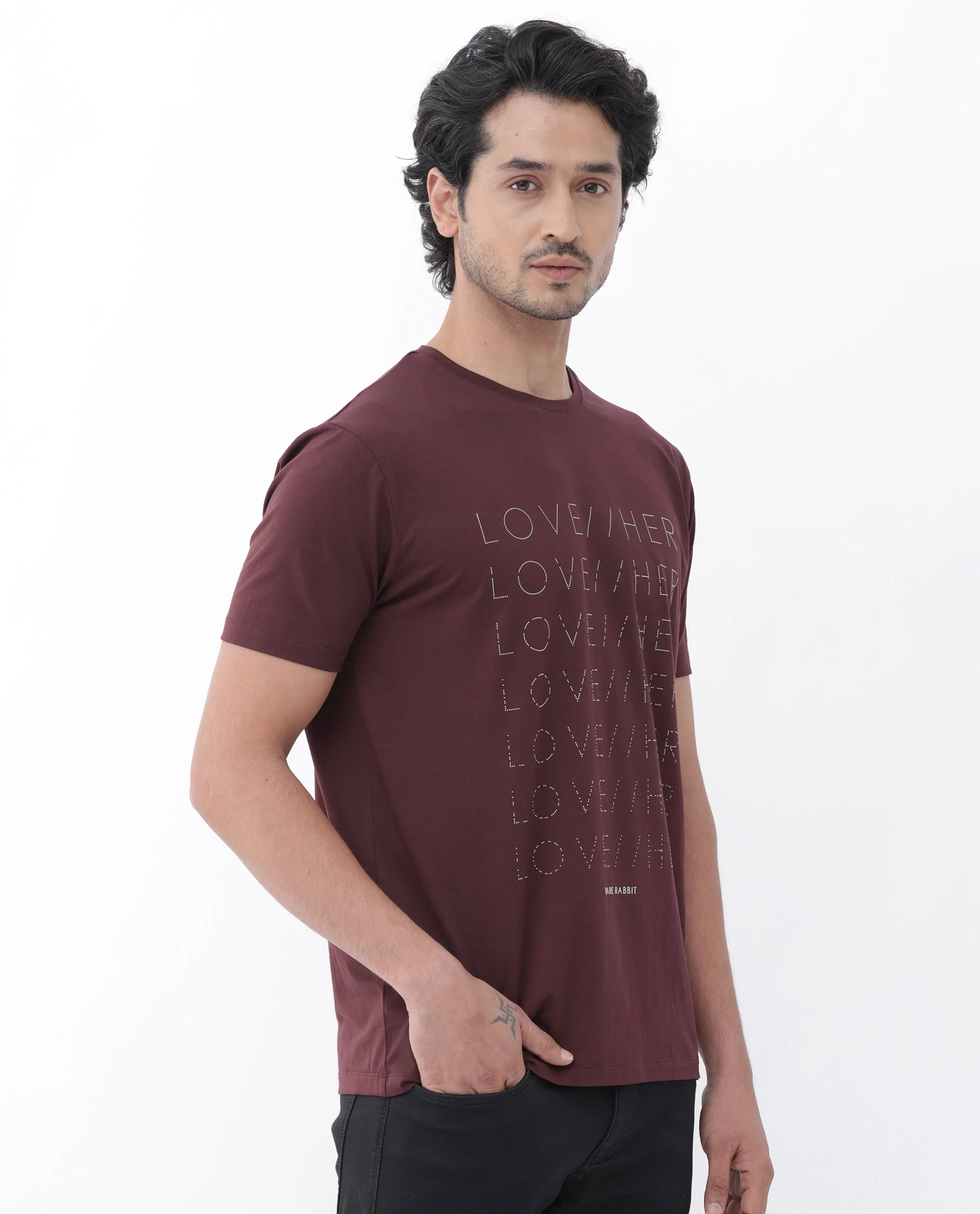 Rare Rabbit Mens Love Her Maroon Cotton Lycra Short Sleeve Skinny Fit Graphic Print T-Shirt - Image 6