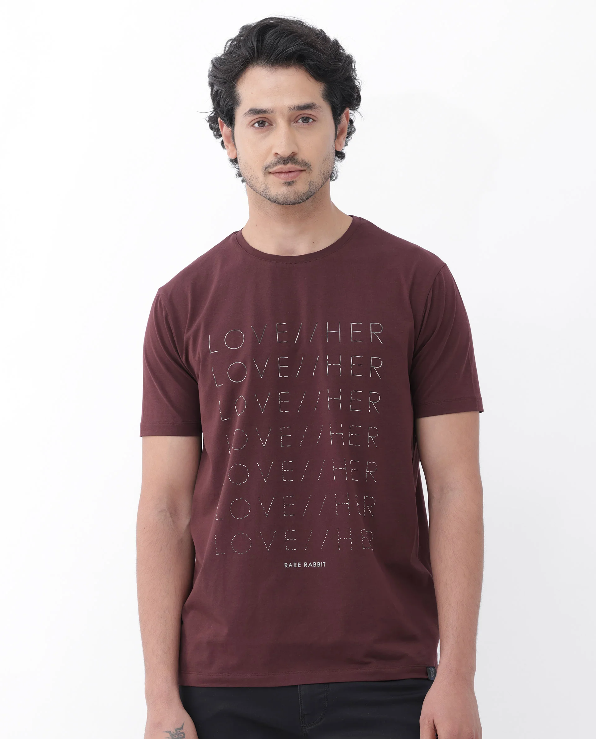 Rare Rabbit Mens Love Her Maroon Cotton Lycra Short Sleeve Skinny Fit Graphic Print T-Shirt - Image 7