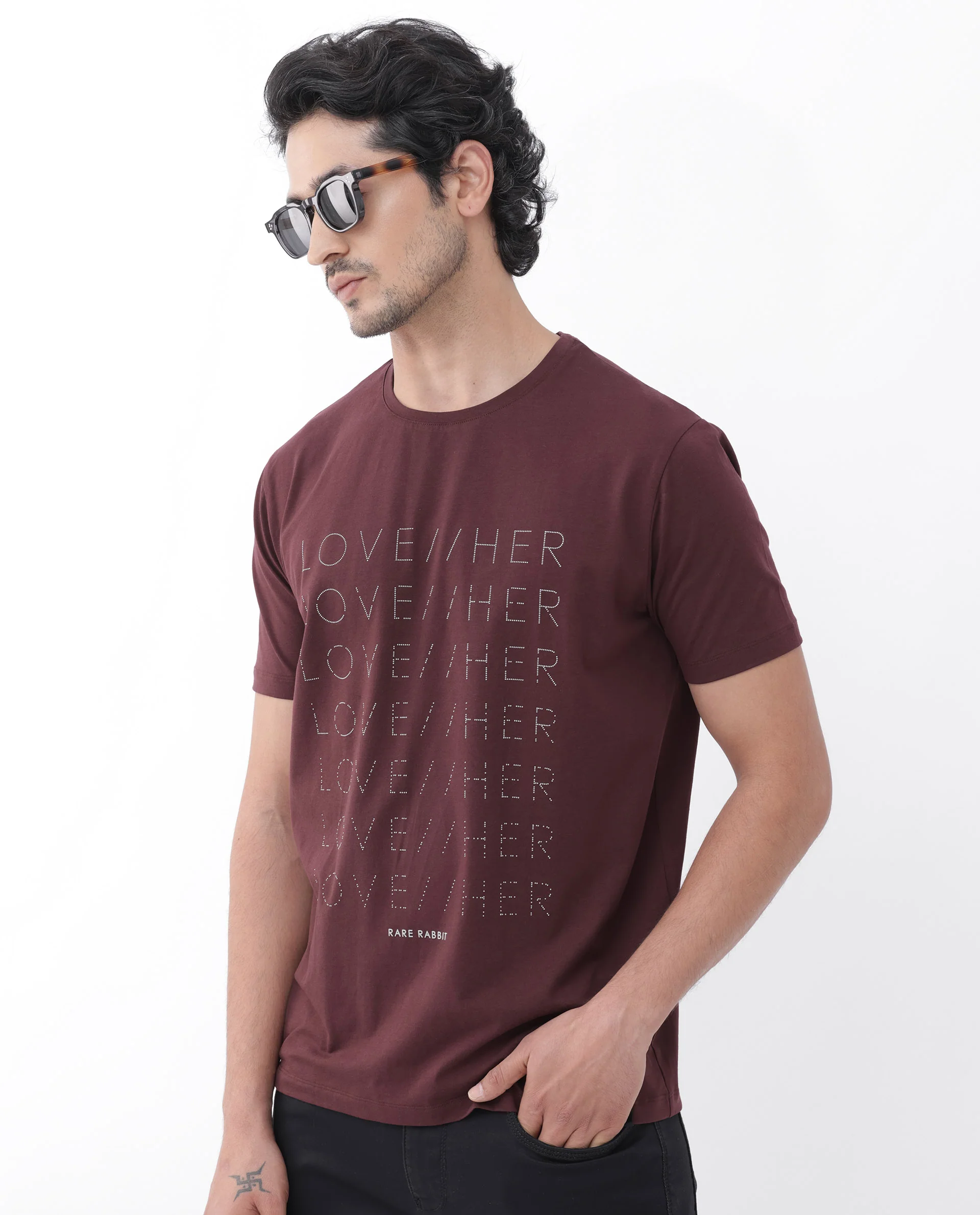 Rare Rabbit Mens Love Her Maroon Cotton Lycra Short Sleeve Skinny Fit Graphic Print T-Shirt - Image 8