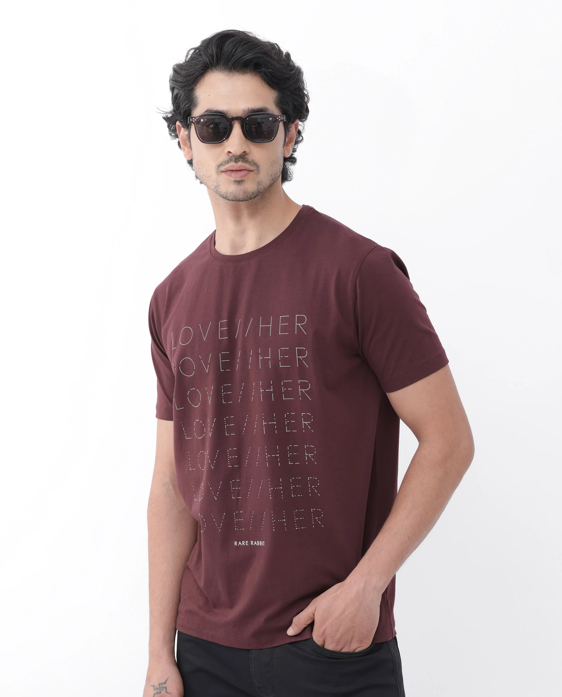 Rare Rabbit Mens Love Her Maroon Cotton Lycra Short Sleeve Skinny Fit Graphic Print T-Shirt - Image 9