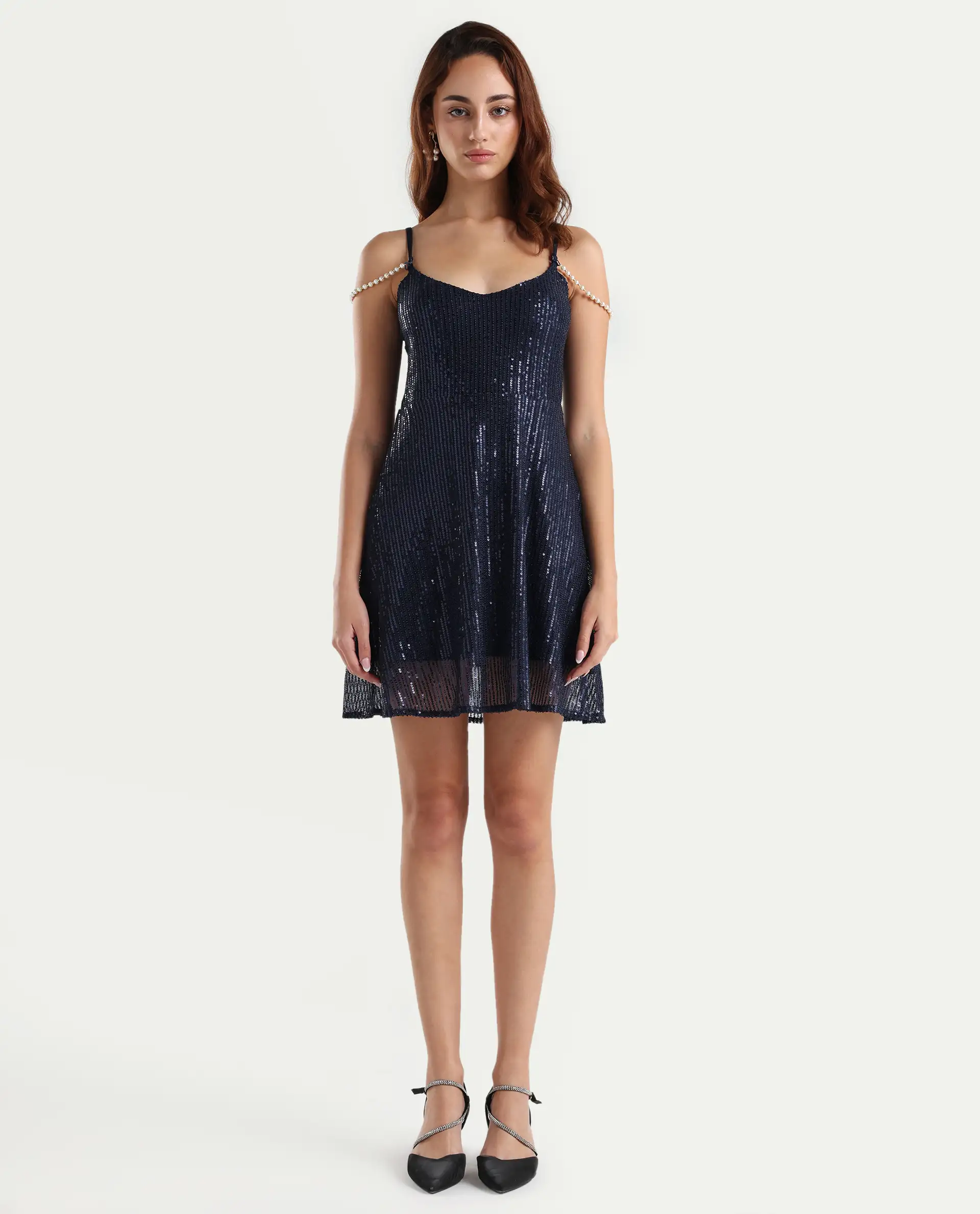 Rareism Women's Lovez Blue Nylon Shoulder Strap Sequined Shoulder Strap Knee Length Regular Fit Dress - Image 3