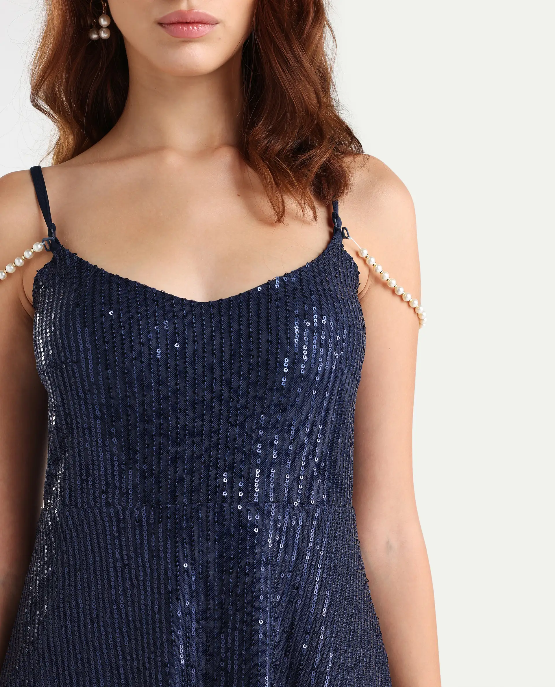 Rareism Women's Lovez Blue Nylon Shoulder Strap Sequined Shoulder Strap Knee Length Regular Fit Dress - Image 4
