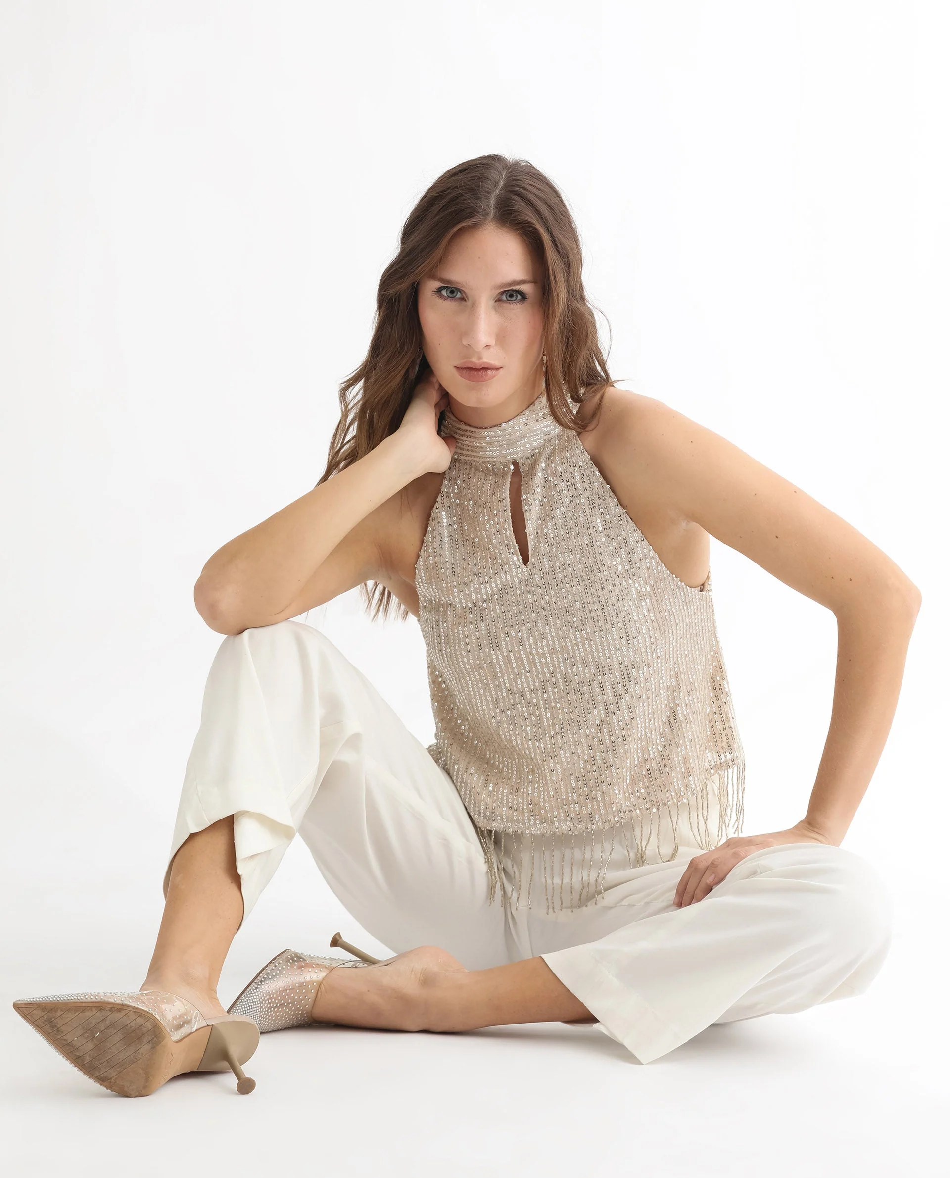 Rareism Women's Lovia Beige Nylon Halter Neck Sequined Sleeveless Regular Fit Top - Image 10