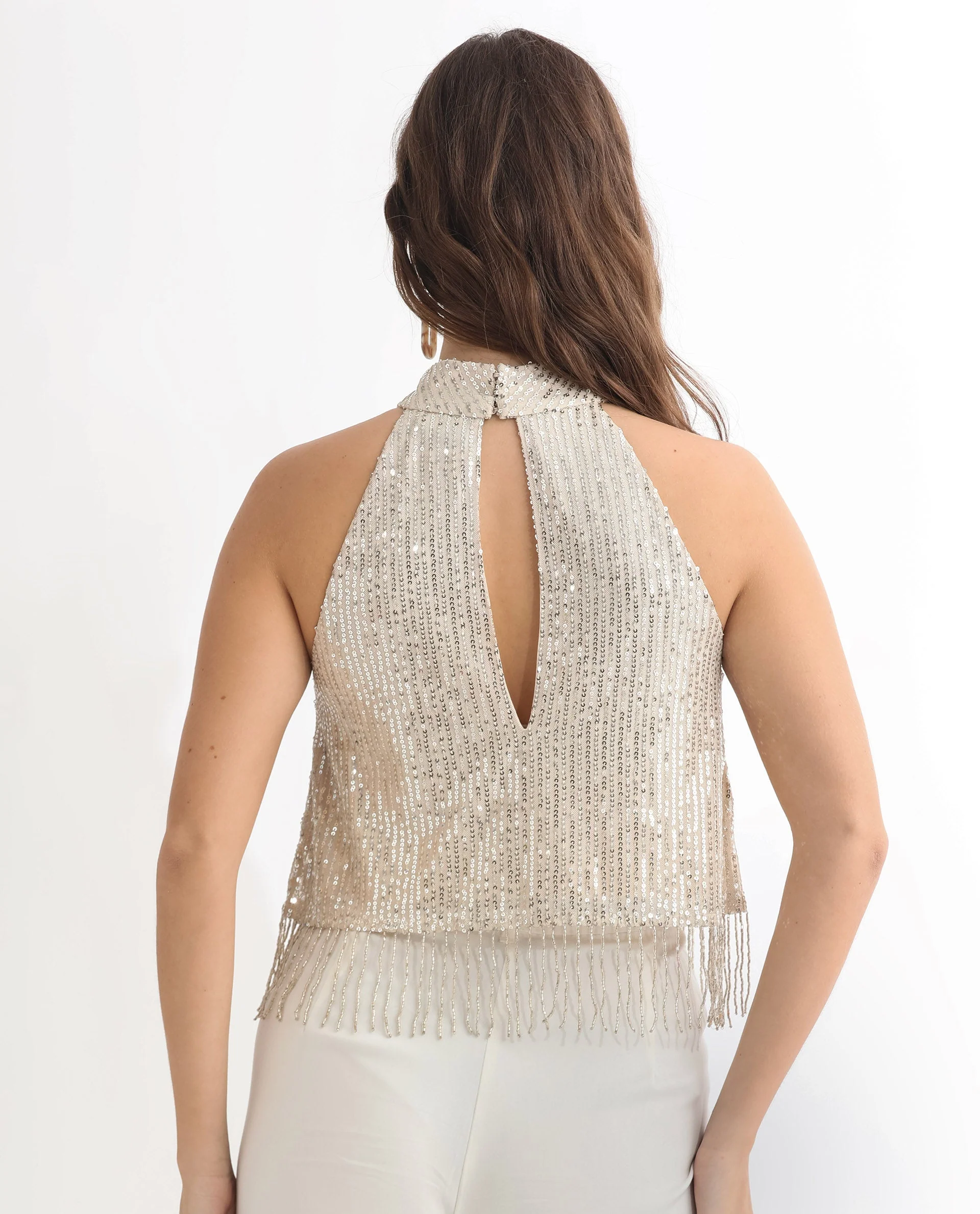 Rareism Women's Lovia Beige Nylon Halter Neck Sequined Sleeveless Regular Fit Top - Image 15
