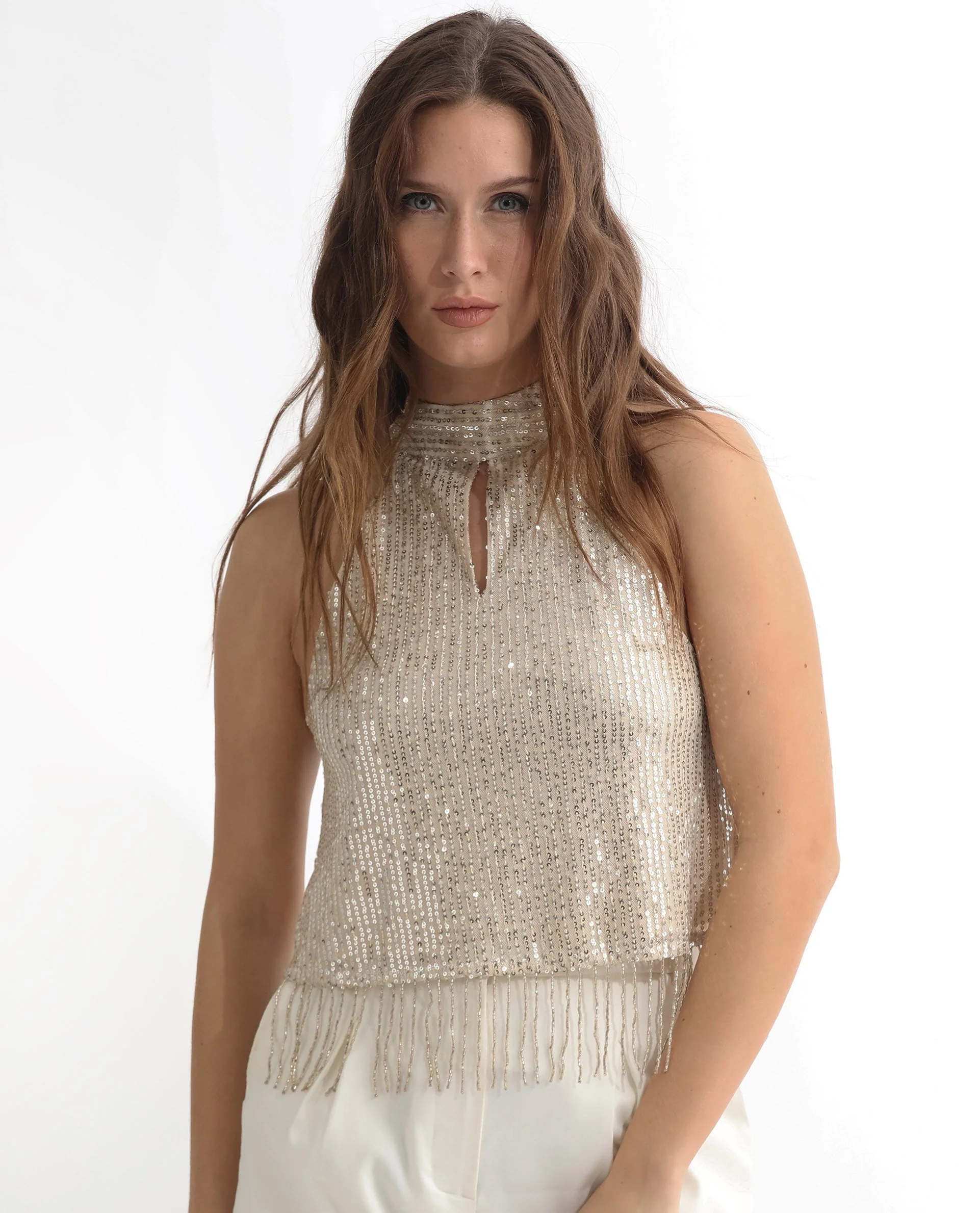 Rareism Women's Lovia Beige Nylon Halter Neck Sequined Sleeveless Regular Fit Top - Image 5
