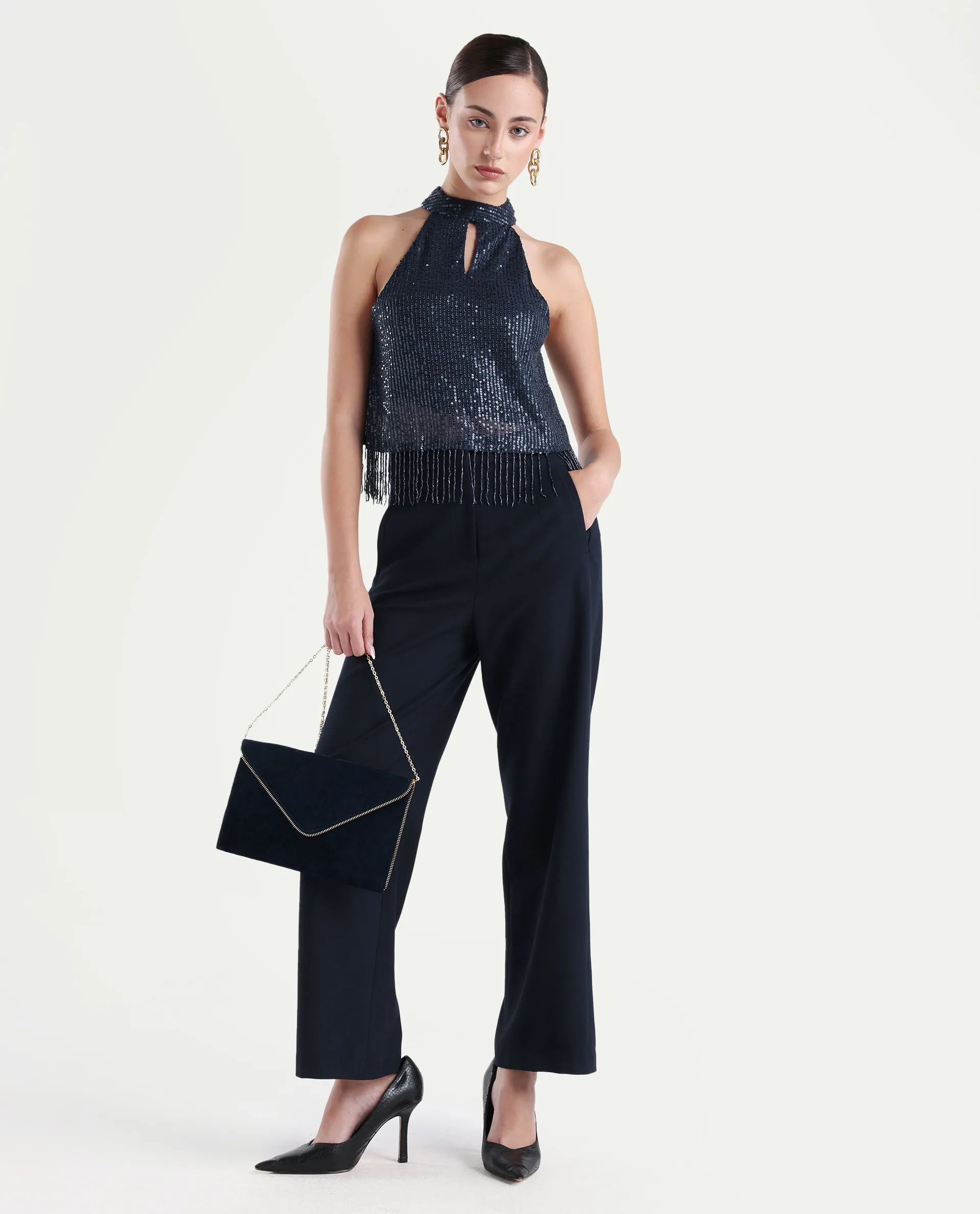 Rareism Women's Lovia Black Nylon Halter Neck Sequined Sleeveless Regular Fit Top - Image 2