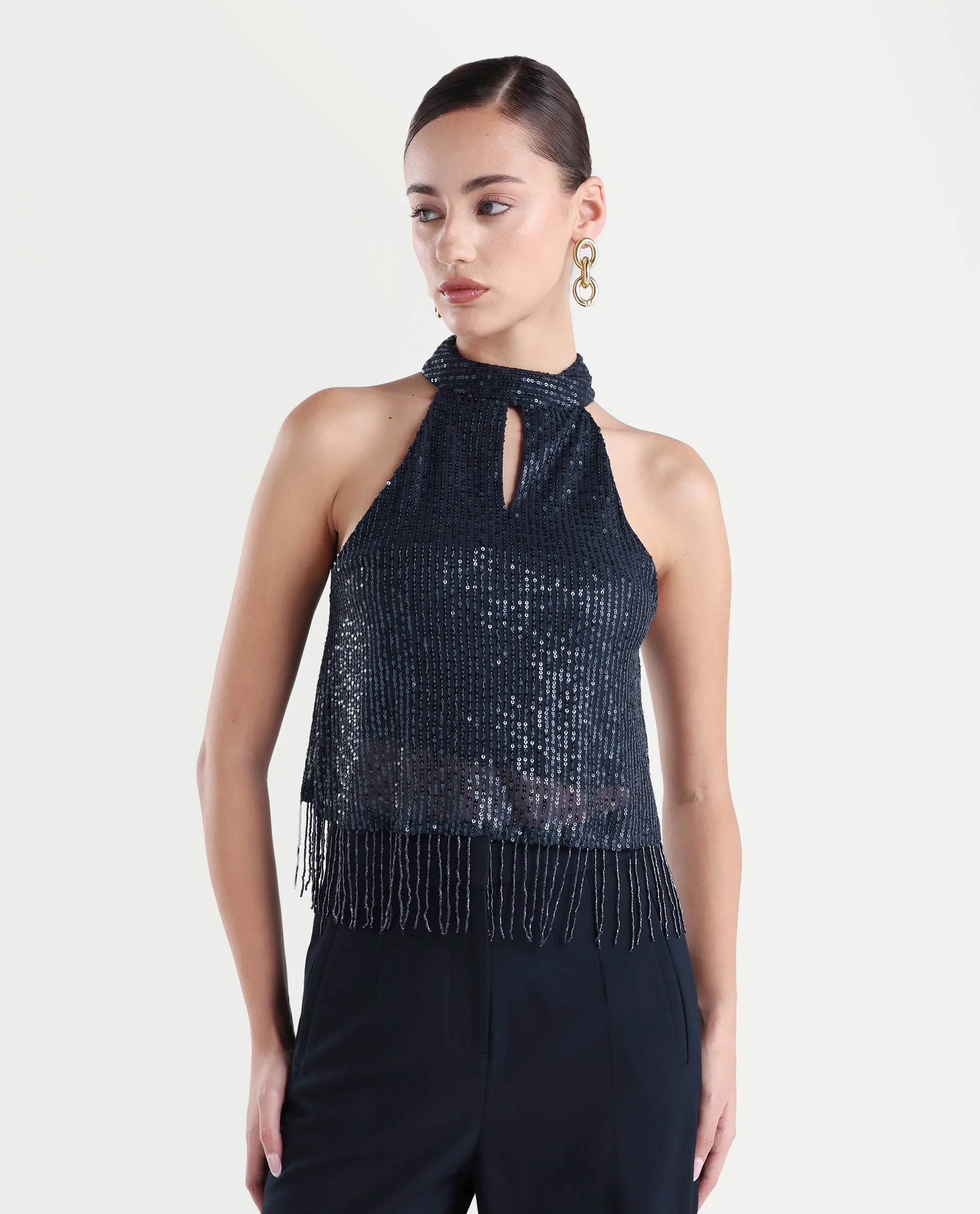 Rareism Women's Lovia Black Nylon Halter Neck Sequined Sleeveless Regular Fit Top - Image 3