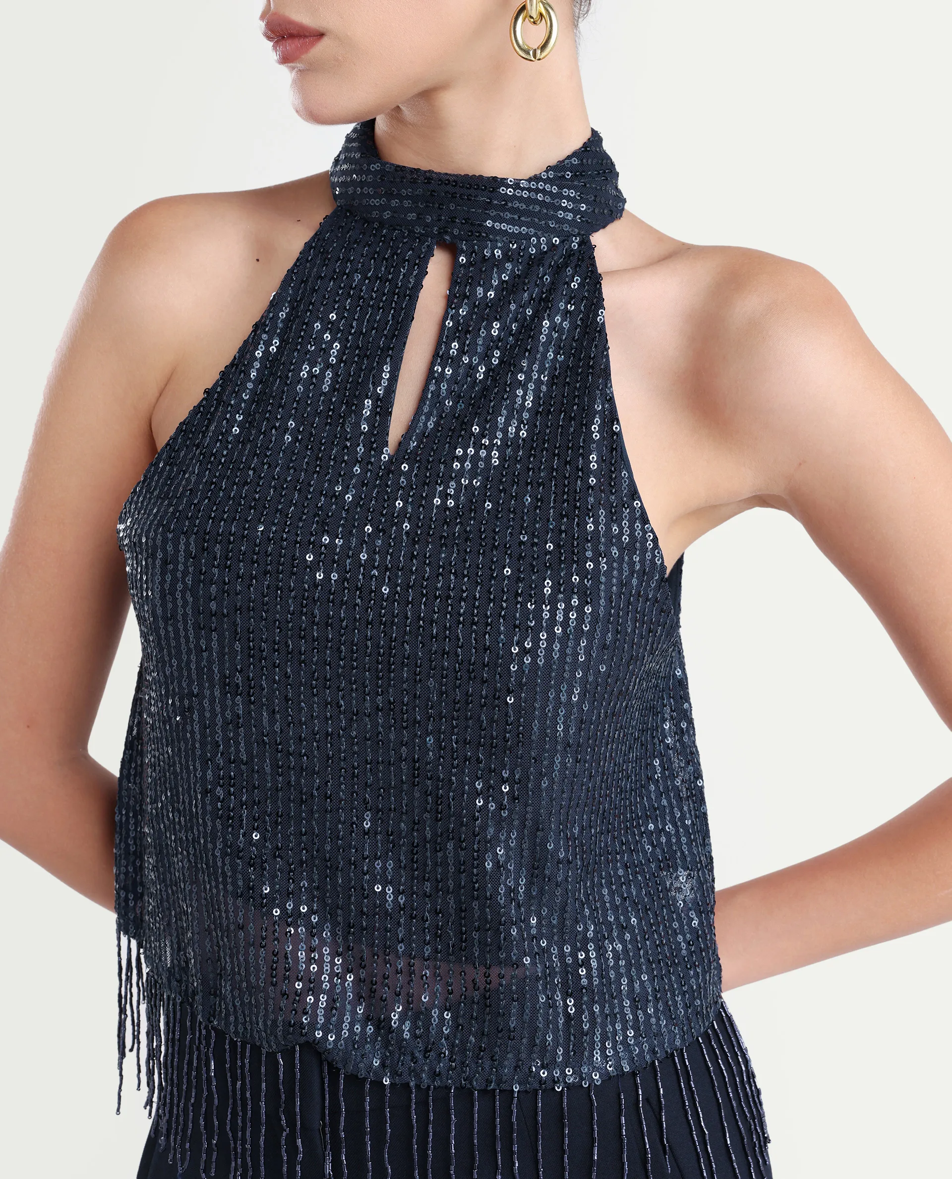 Rareism Women's Lovia Black Nylon Halter Neck Sequined Sleeveless Regular Fit Top - Image 4