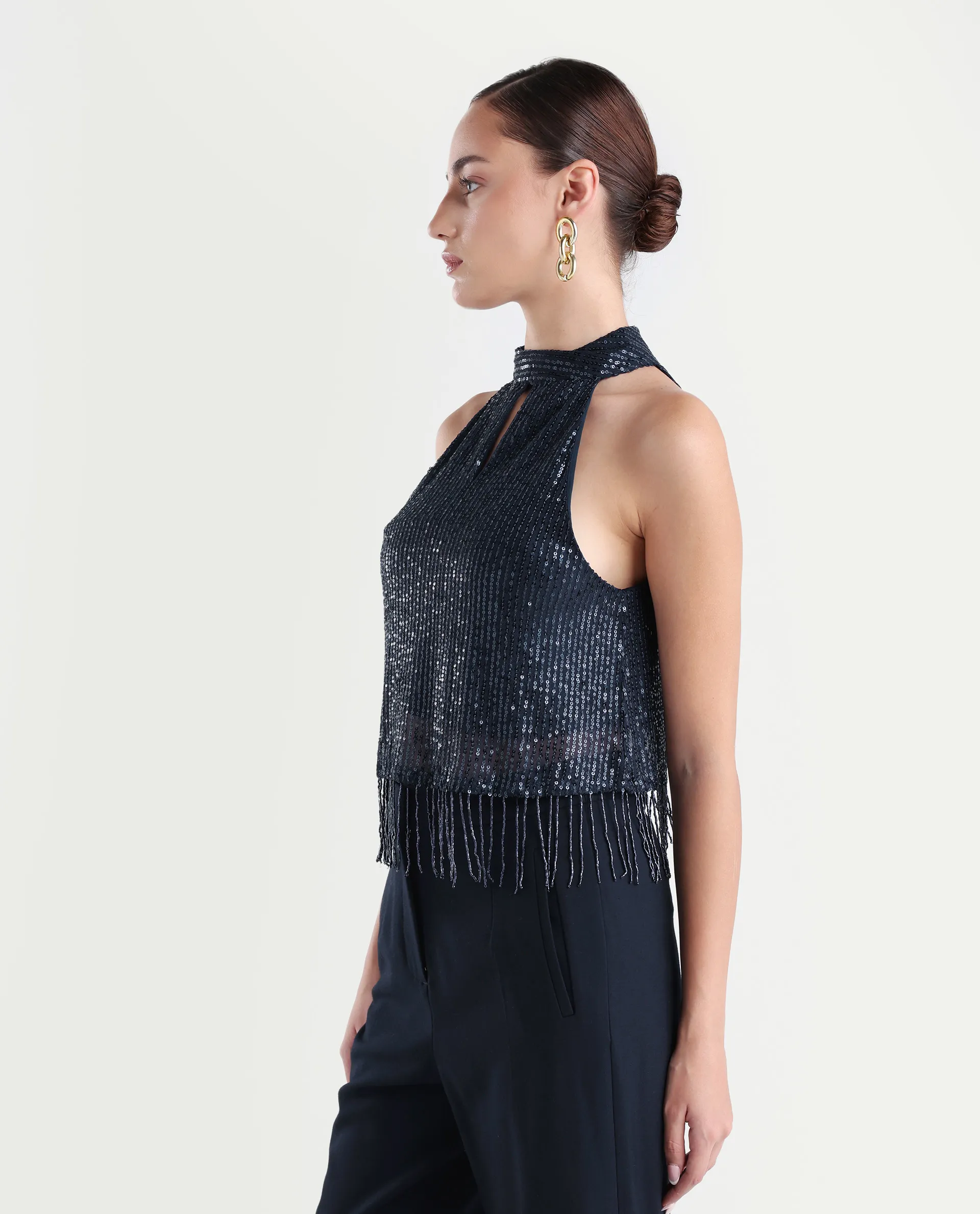 Rareism Women's Lovia Black Nylon Halter Neck Sequined Sleeveless Regular Fit Top - Image 5