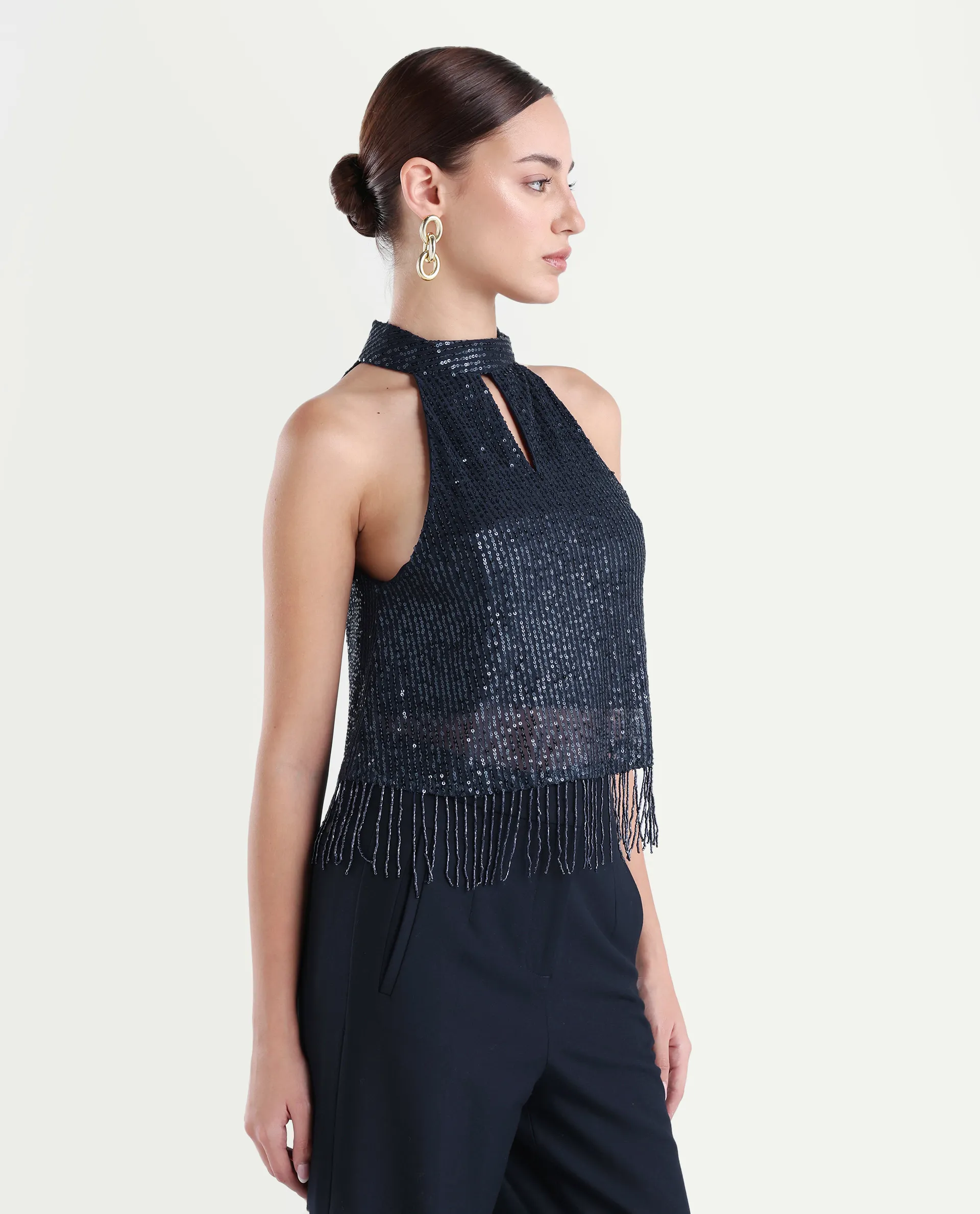 Rareism Women's Lovia Black Nylon Halter Neck Sequined Sleeveless Regular Fit Top - Image 6