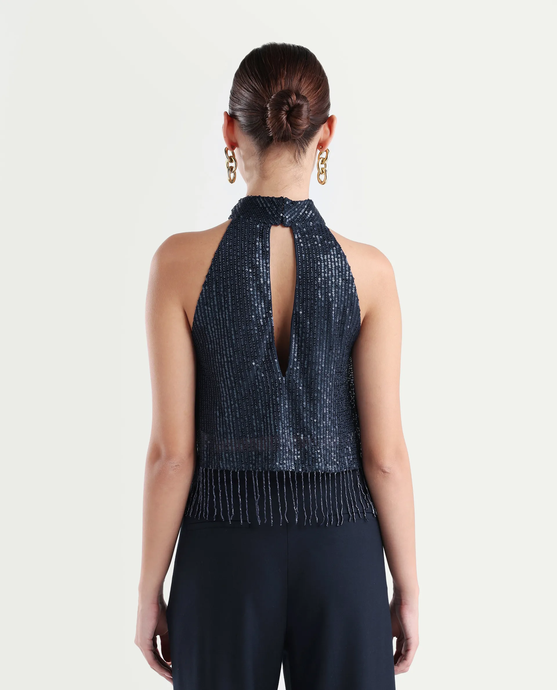 Rareism Women's Lovia Black Nylon Halter Neck Sequined Sleeveless Regular Fit Top - Image 7