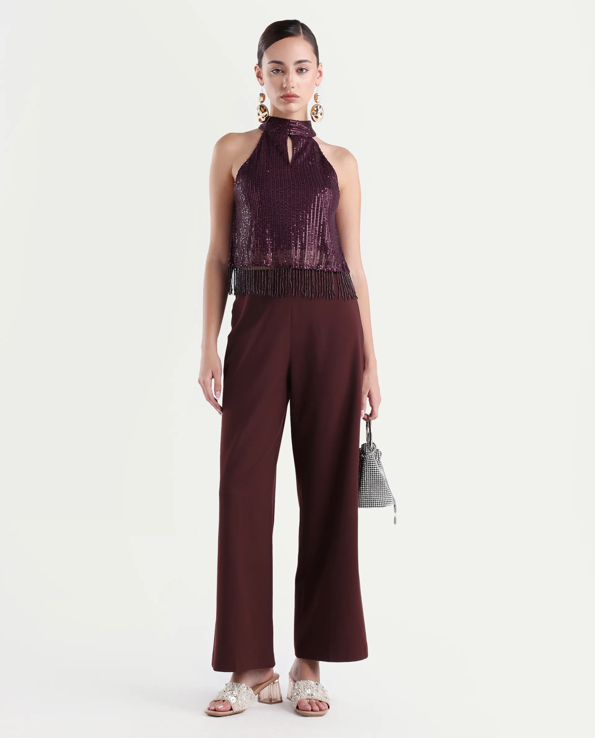 Rareism Women's Lovia Maroon Nylon Halter Neck Sequined Sleeveless Regular Fit Top - Image 2