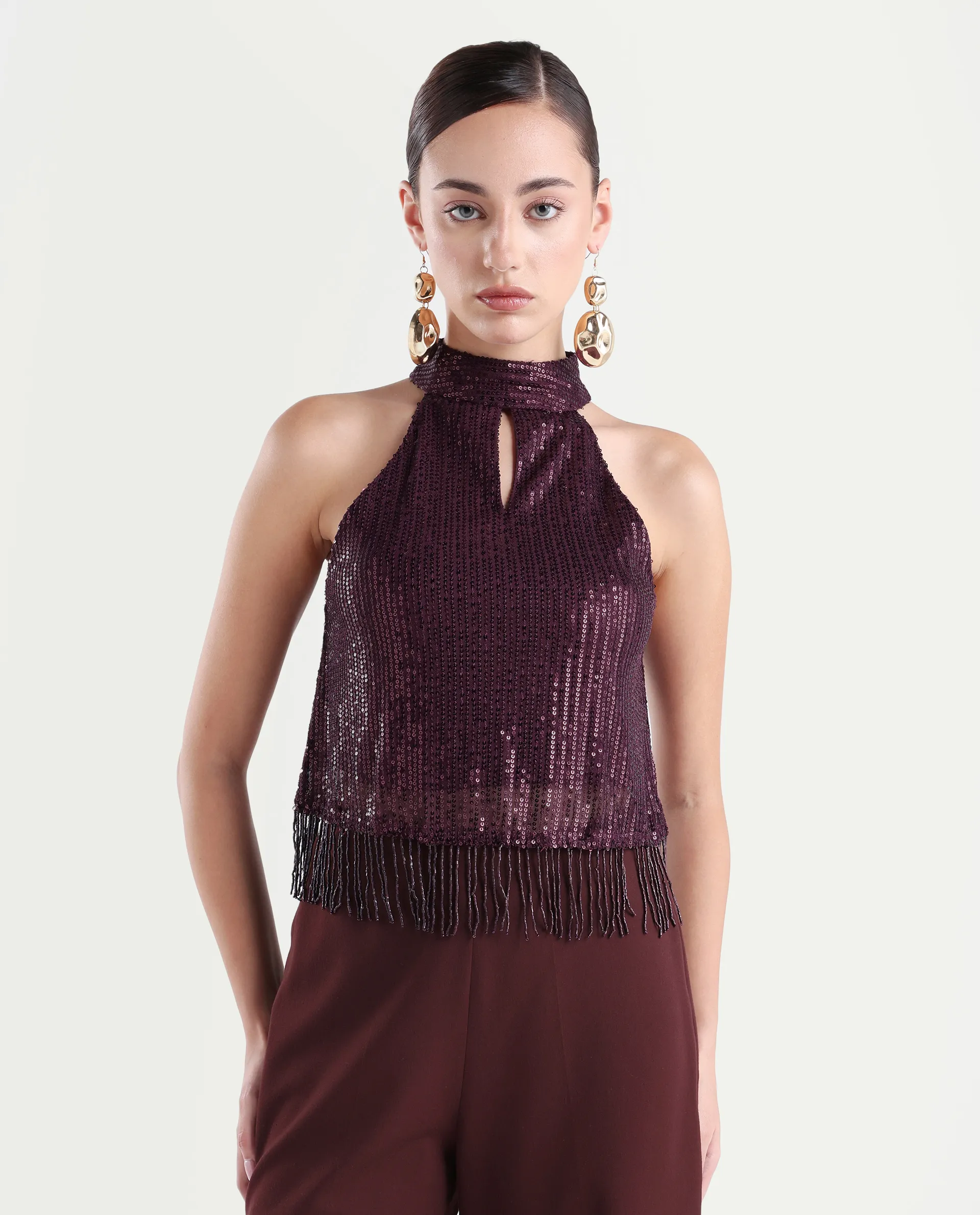 Rareism Women's Lovia Maroon Nylon Halter Neck Sequined Sleeveless Regular Fit Top - Image 3