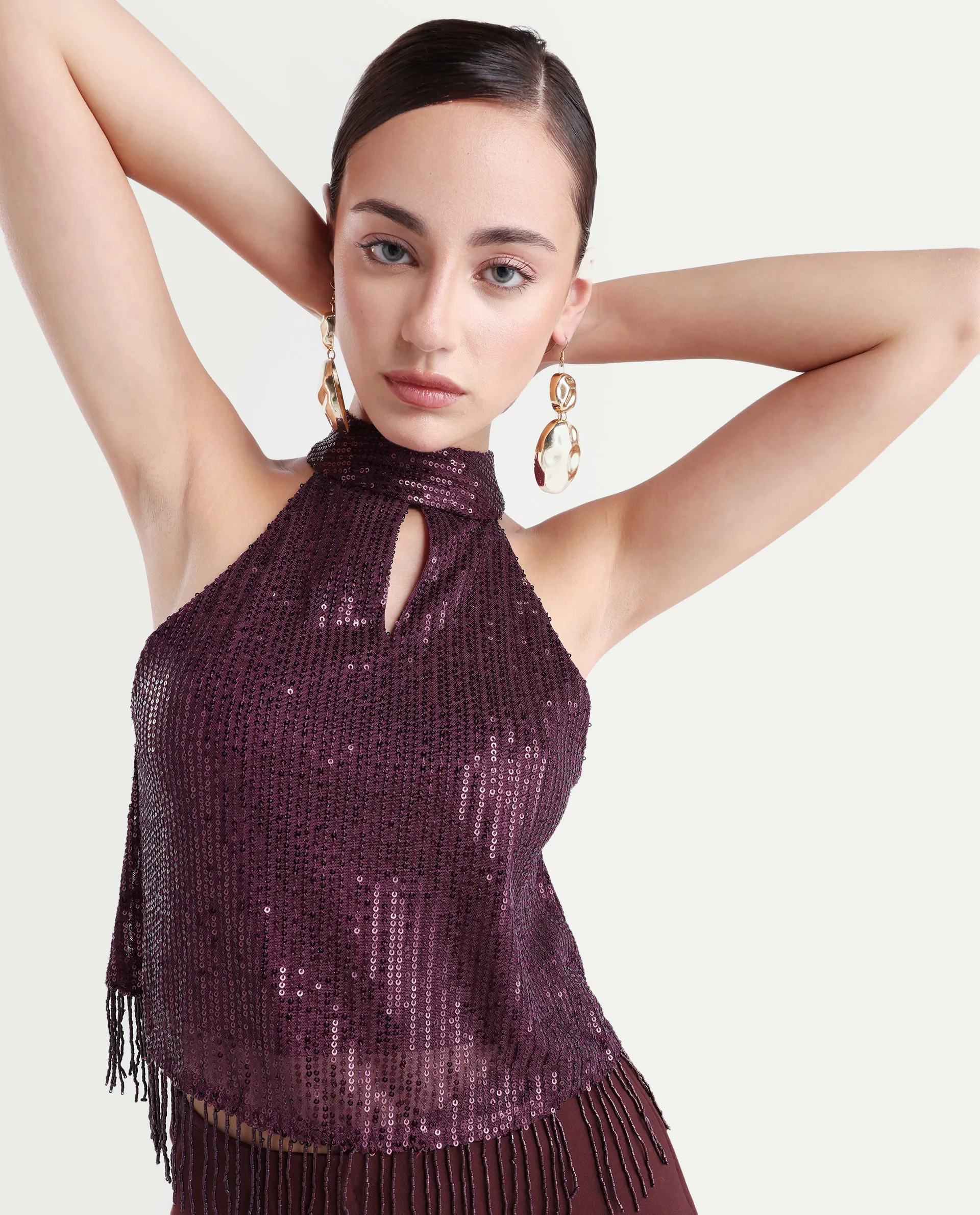 Rareism Women's Lovia Maroon Nylon Halter Neck Sequined Sleeveless Regular Fit Top - Image 4
