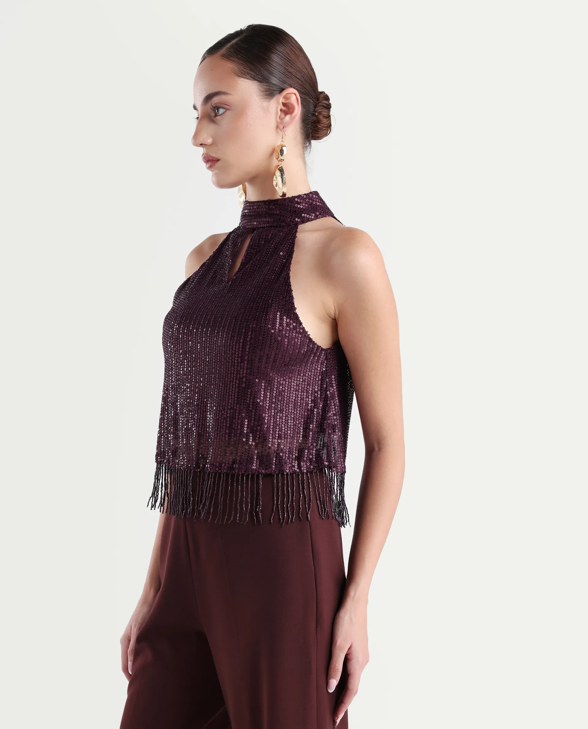 Rareism Women's Lovia Maroon Nylon Halter Neck Sequined Sleeveless Regular Fit Top - Image 5